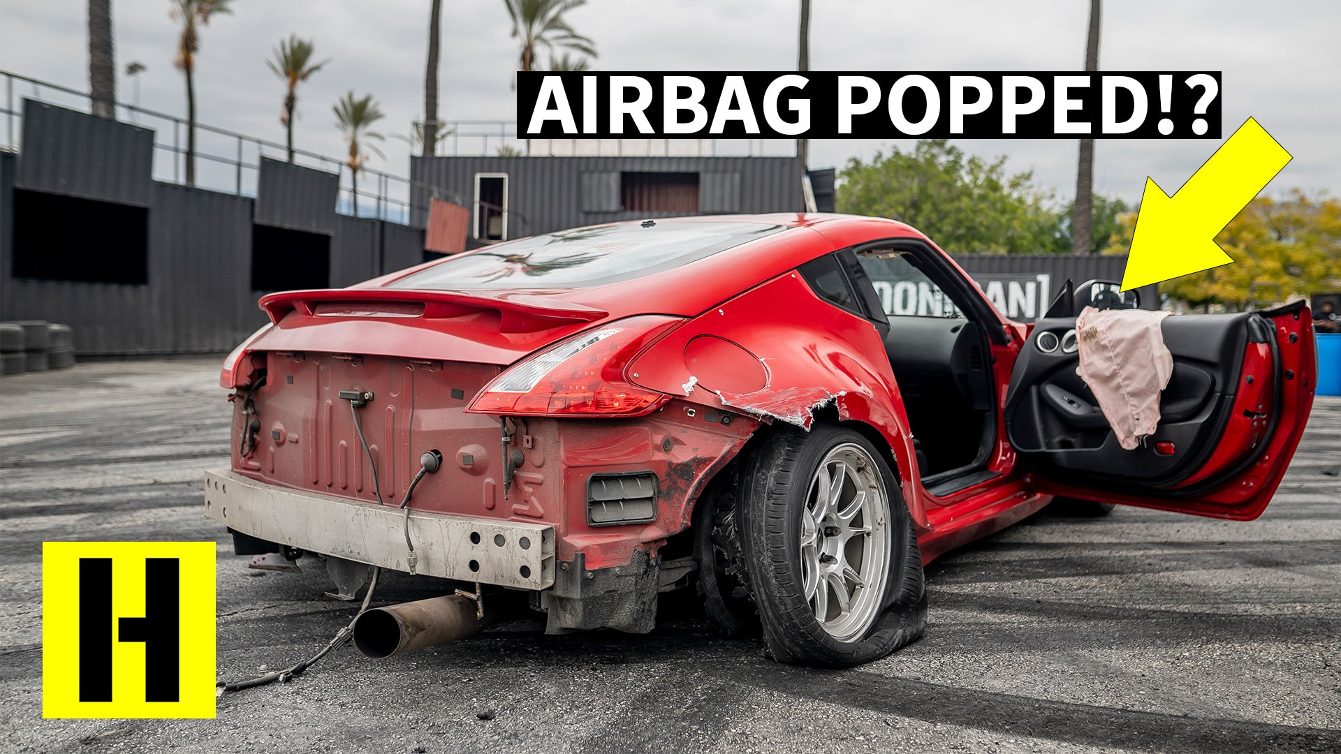 Container Smashing Madman Shreds the BurnYard in his 370z