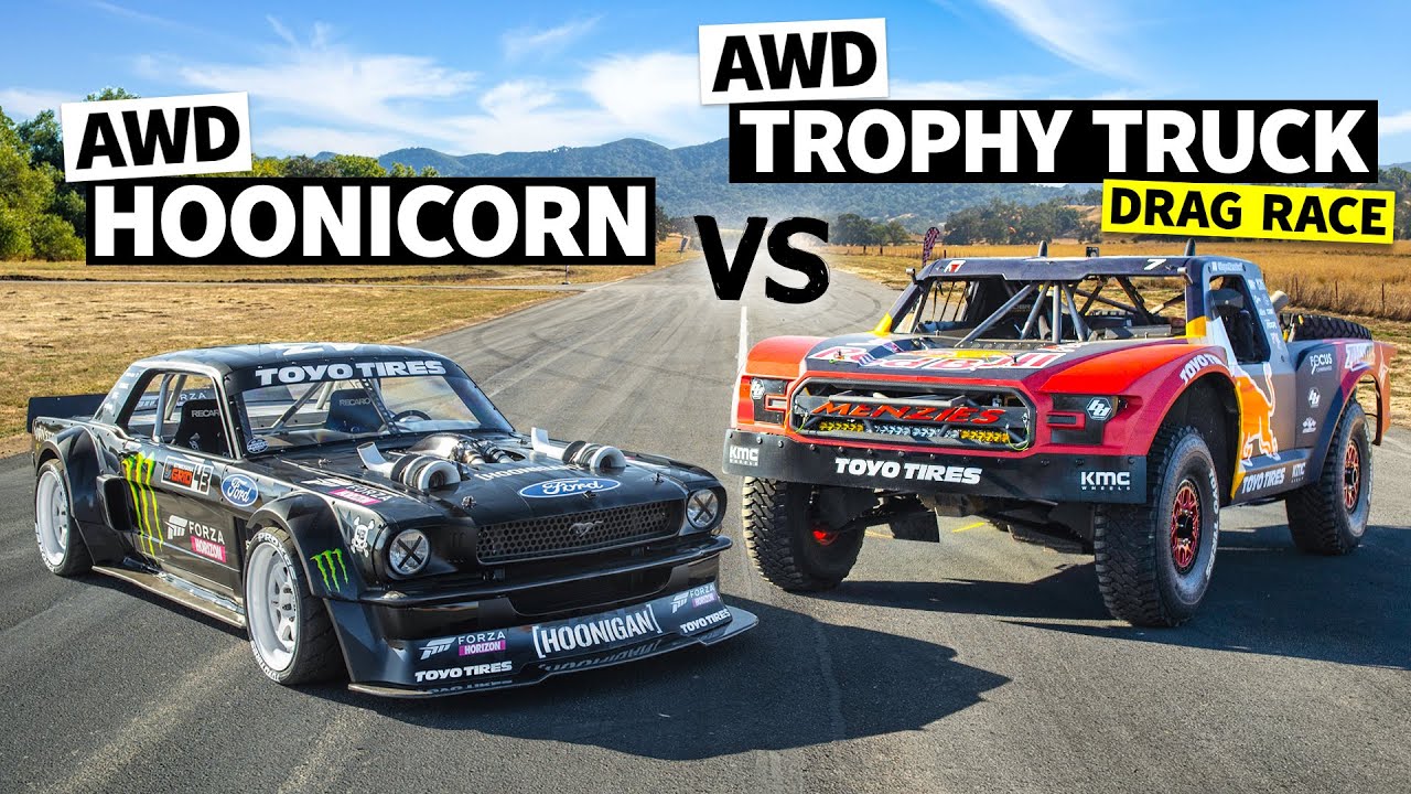 AWD Trophy Truck Pulls a Wheelie Vs Ken Block’s 1,400hp AWD Ford Mustang // Hoonicorn Vs the World