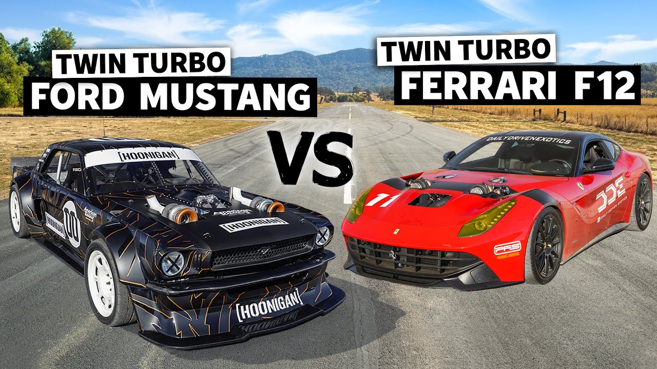FORD vs FERRARI! DDE's Twin Turbo F12 vs Ken Block's 1400hp AWD Mustang // Hoonicorn vs The World 2