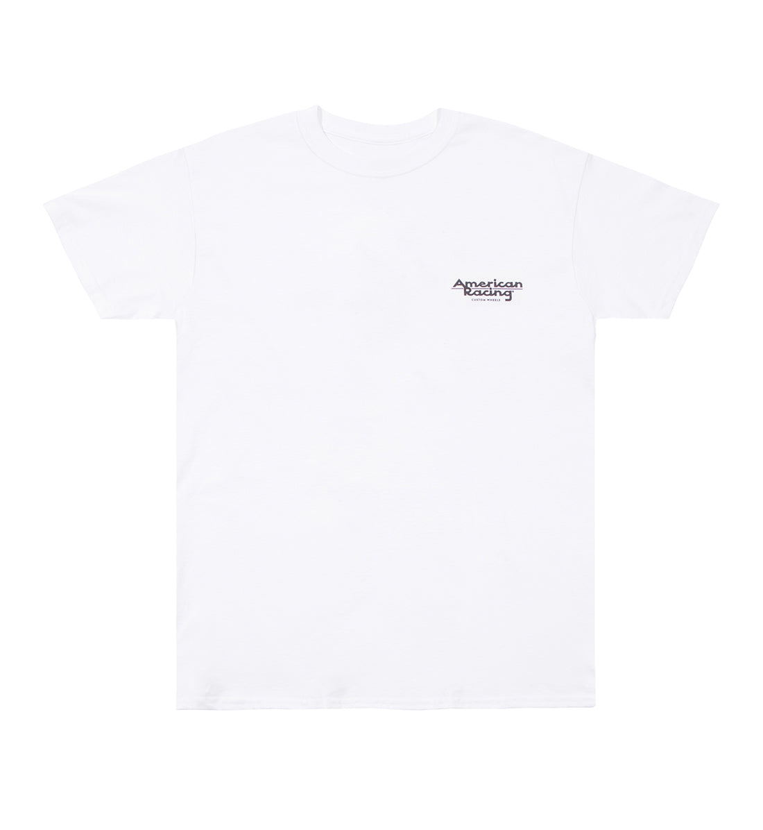 White short sleeve tee featuring the slogan "IN THRUST WE TRUST" in bold, stylish lettering, designed by American Racing.