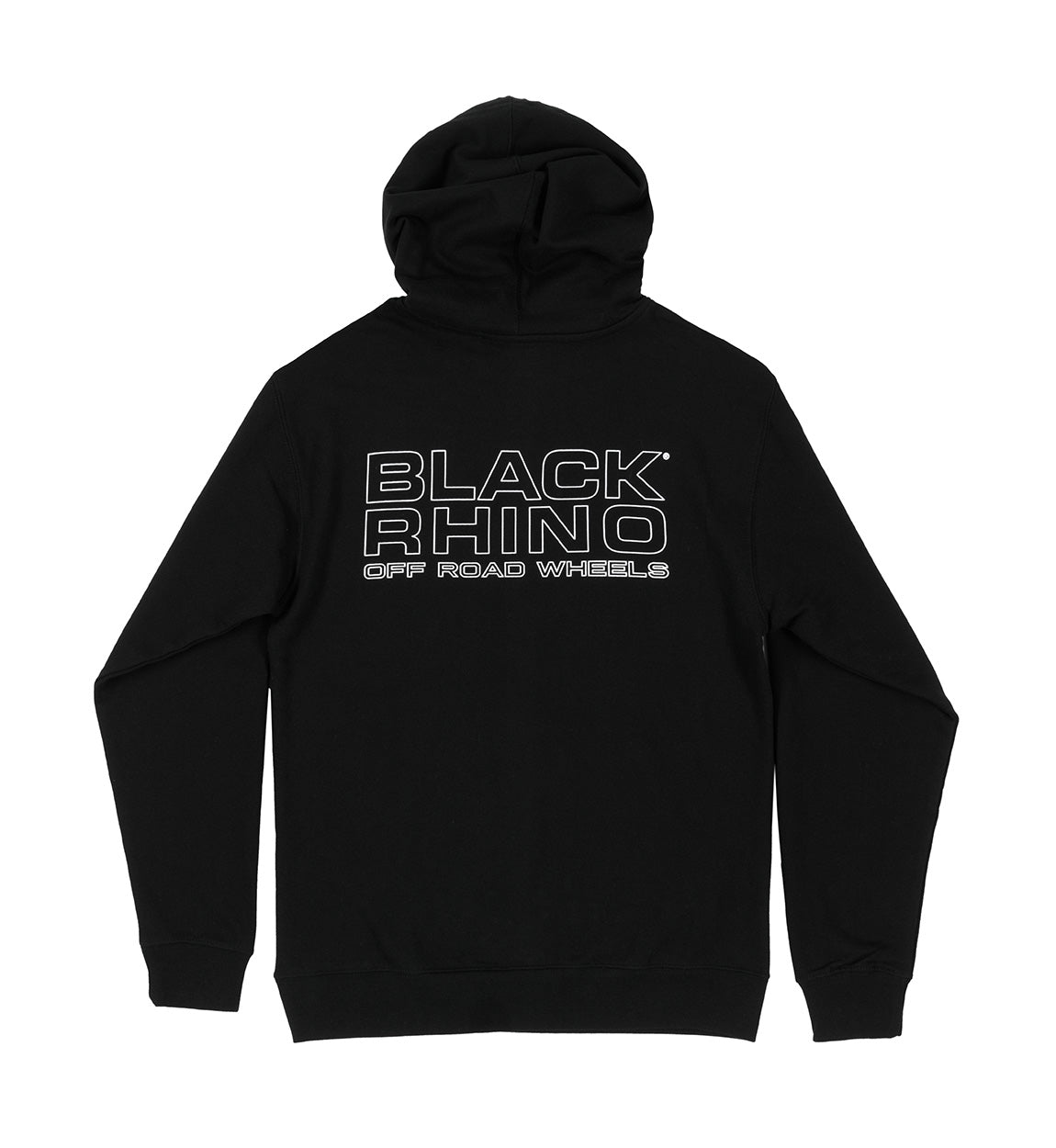 Black Rhino Logo Hoodie in black, featuring a prominent white Rhino logo on the chest. Ideal for casual wear.