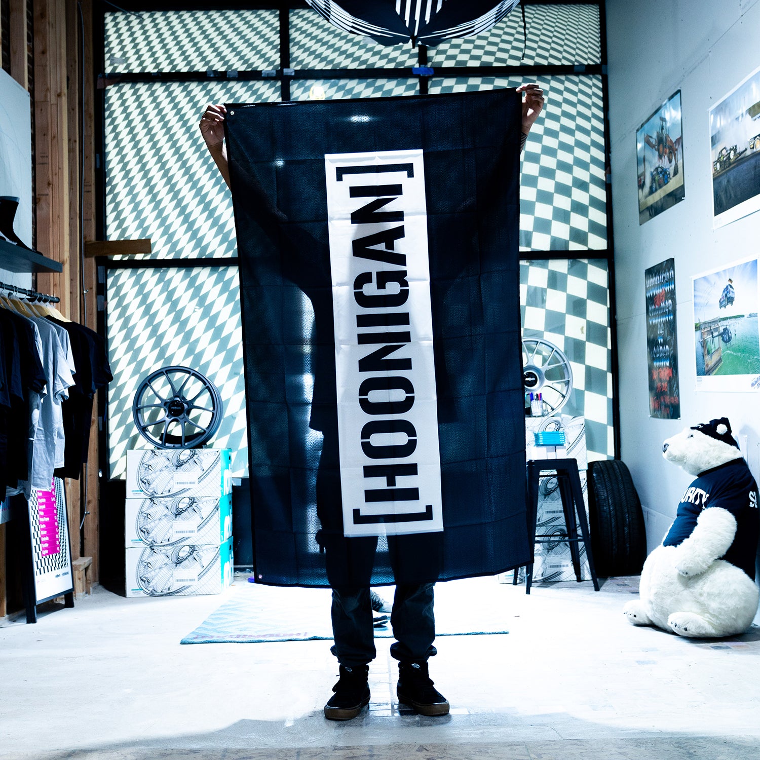 Hoonigan CENSOR BAR Flag featuring a bold black and white design with the word 'CENSOR' across a striped background.