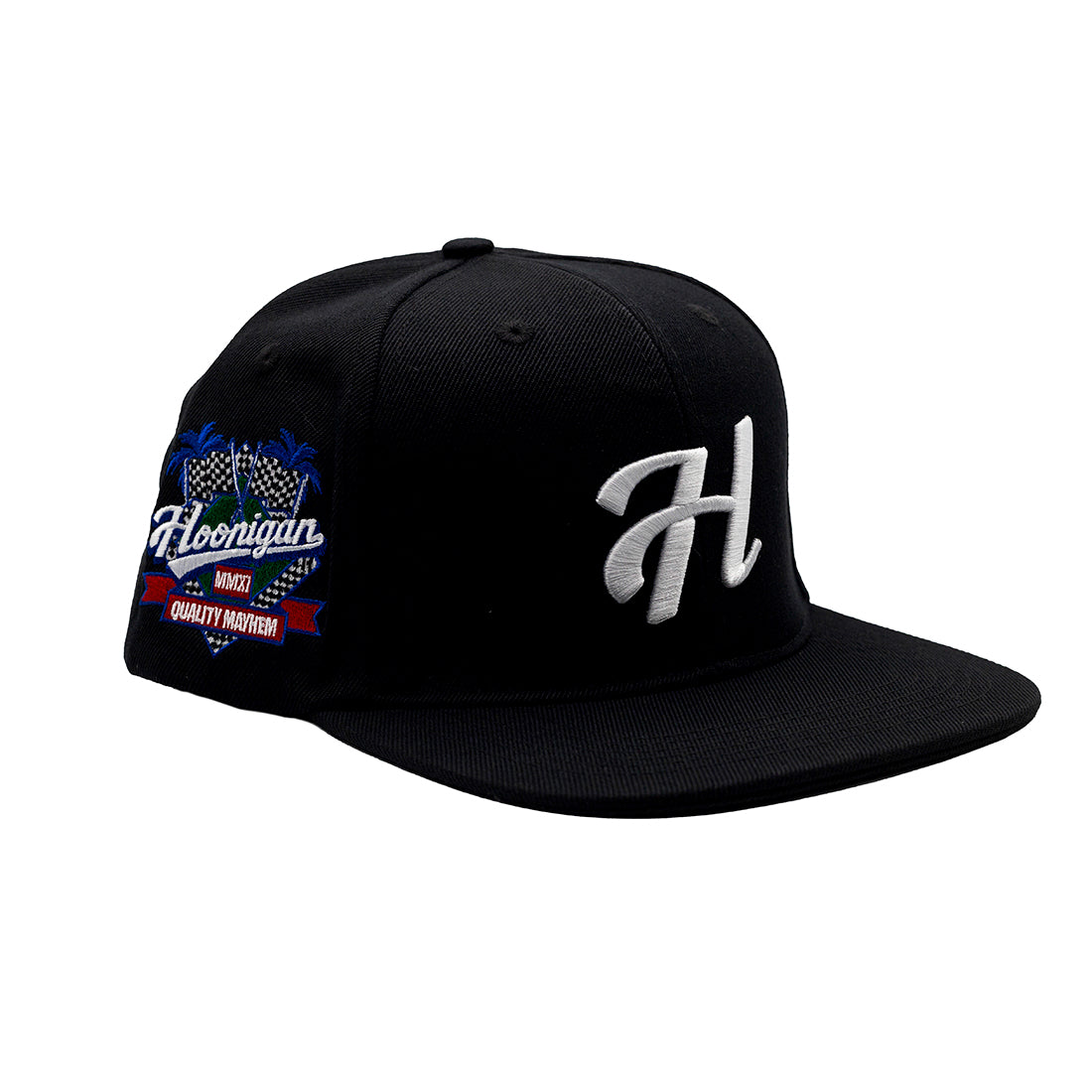 Hoonigan H LEAGUE black snapback hat with embroidered logo and adjustable strap.