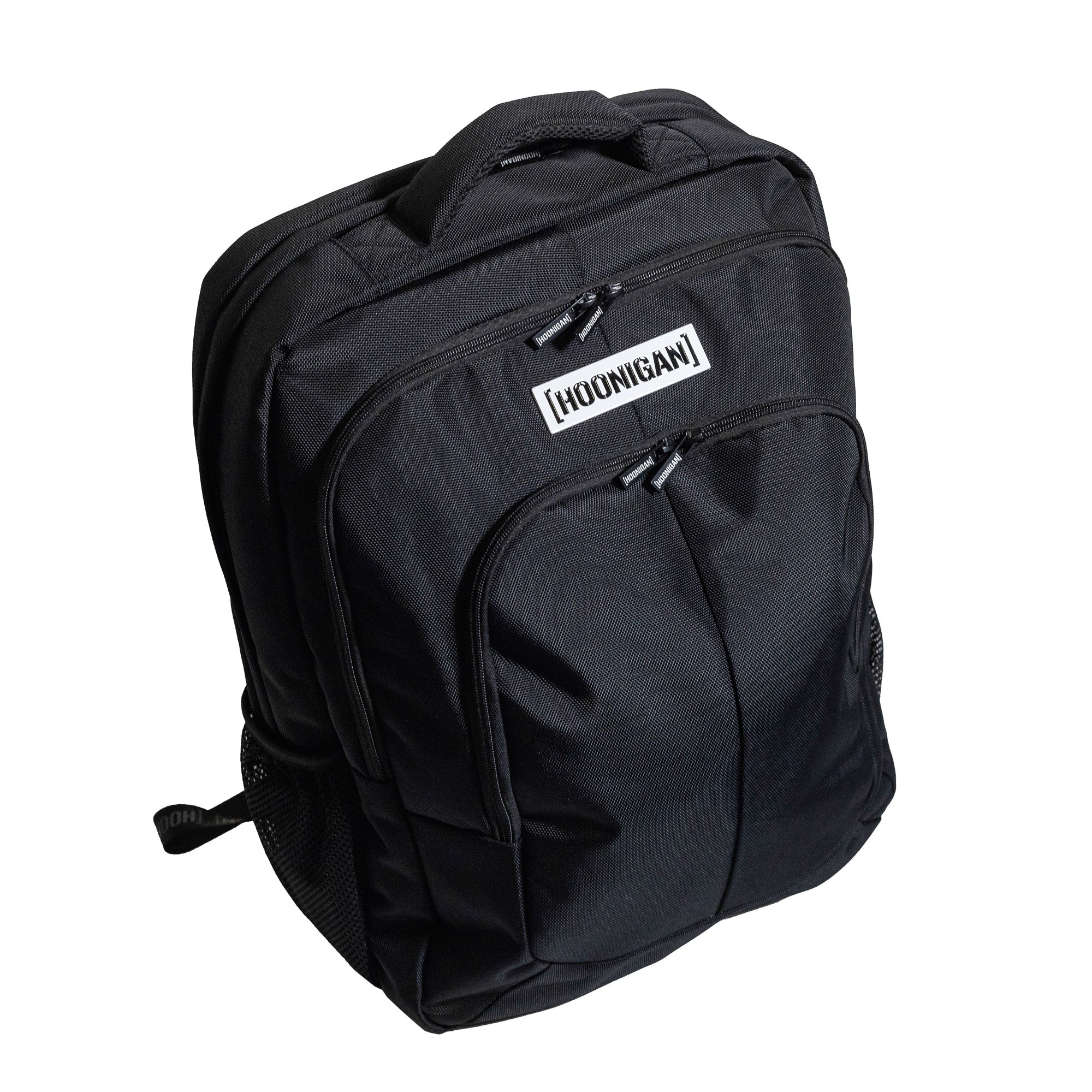 Hoonigan METAL BAR Backpack with logo and adjustable straps, featuring a durable black exterior and multiple compartments.