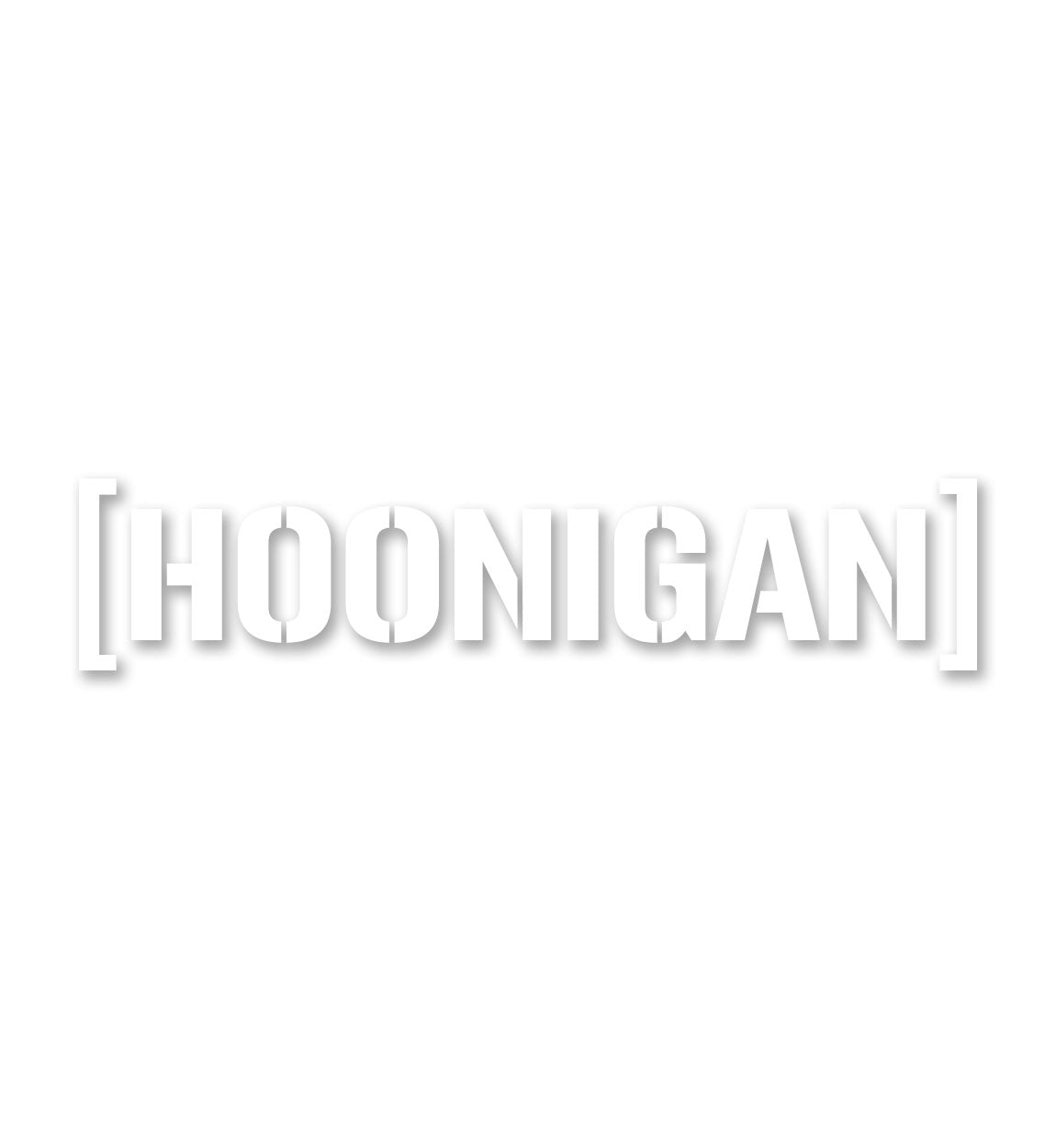 Large white die-cut sticker with "HOONIGAN" logo inside brackets, designed as a censor bar, 28 inches wide.