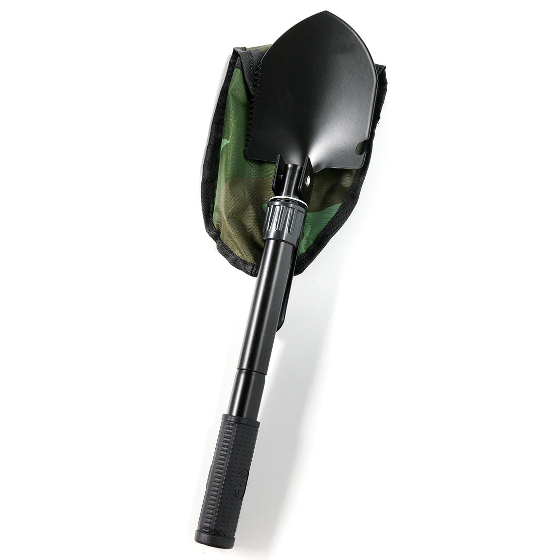Black shovel with a textured grip handle, attached to a green and black safety kit bag, designed for emergency use.