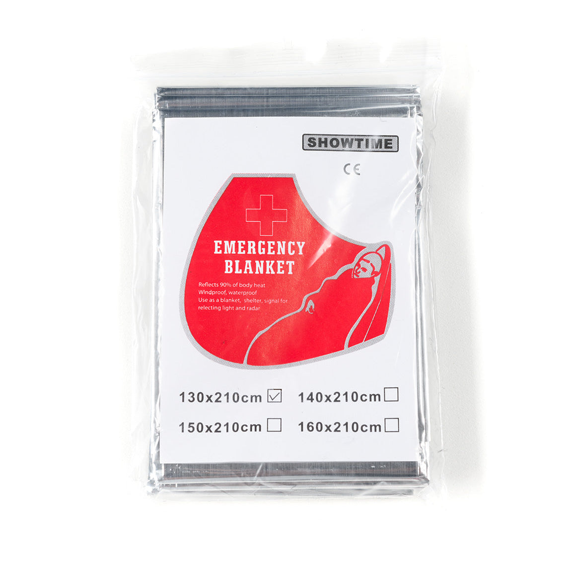 Red and white emergency blanket kit in clear plastic packaging, designed for safety, warmth, and visibility during emergencies.