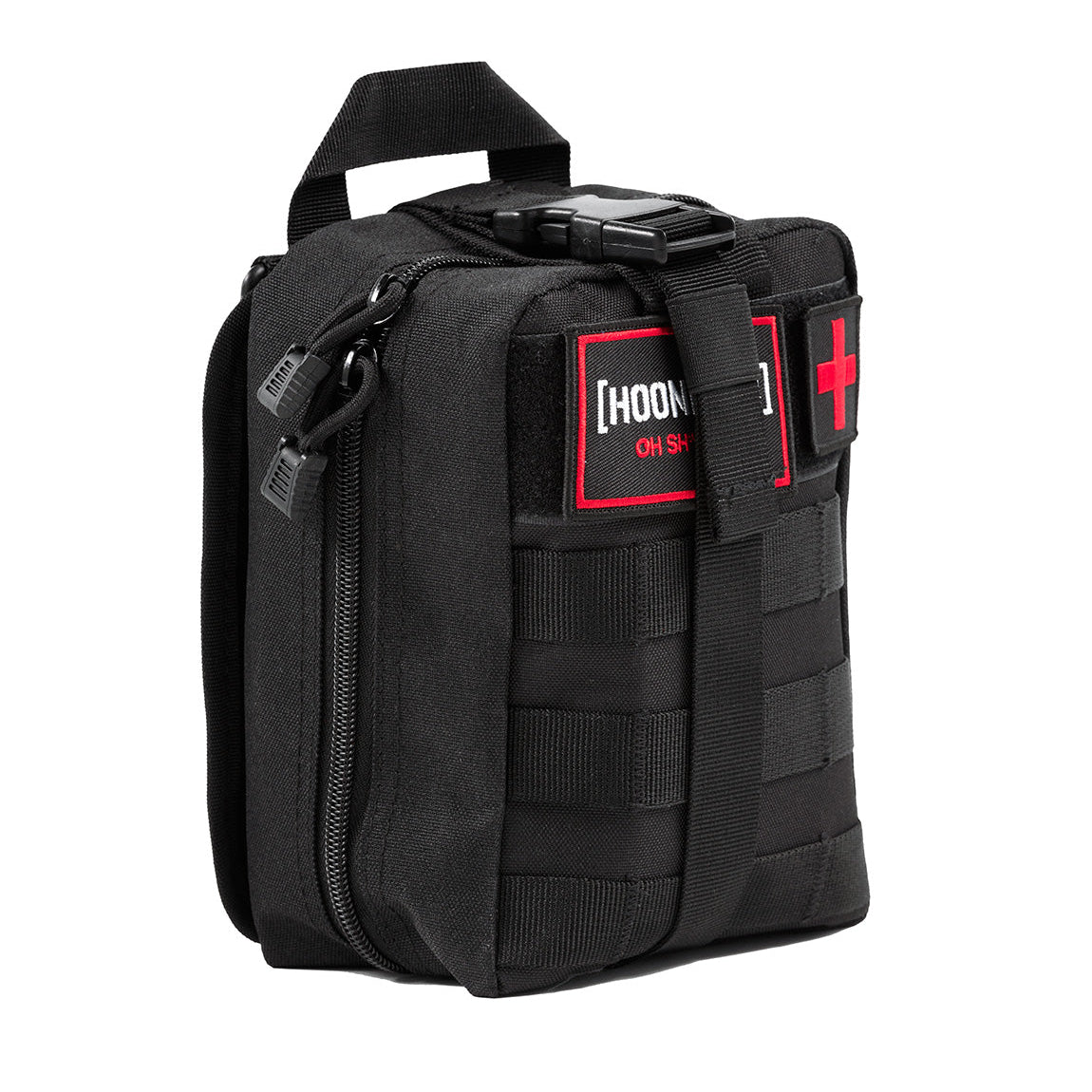 Black Hoonigan OH SH*T Safety Kit bag with red cross patch, multiple compartments, and adjustable straps for emergency gear.