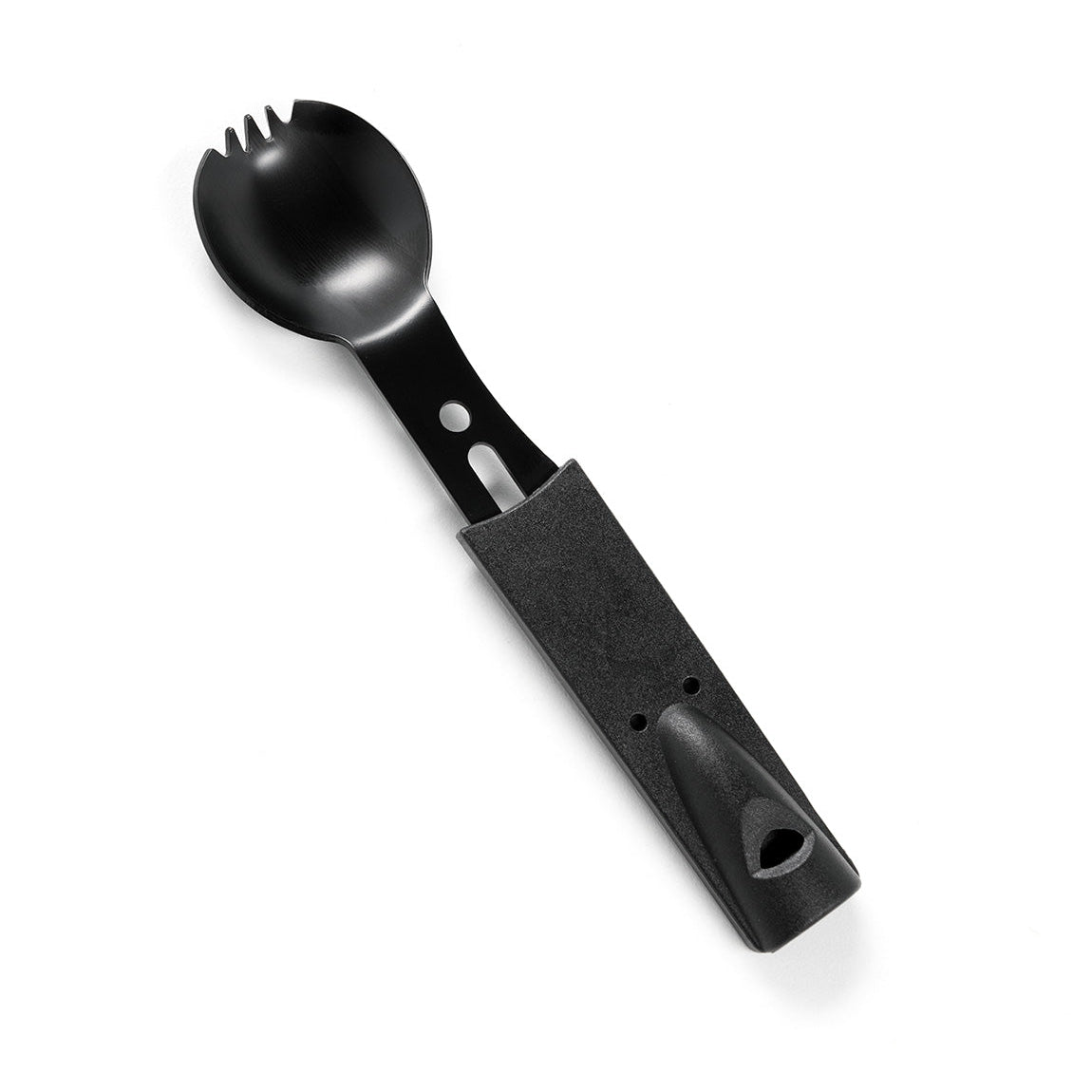 Black plastic spoon with a textured handle and a slotted, rounded scoop, part of the Hoonigan OH SH*T Safety Kit.