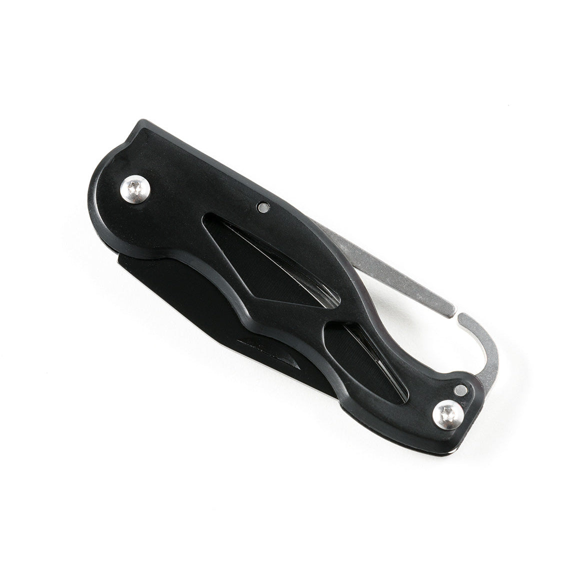 Black safety cutter with a metal hook and ergonomic handle, part of the Hoonigan OH SH*T Safety Kit for quick emergency cuts.