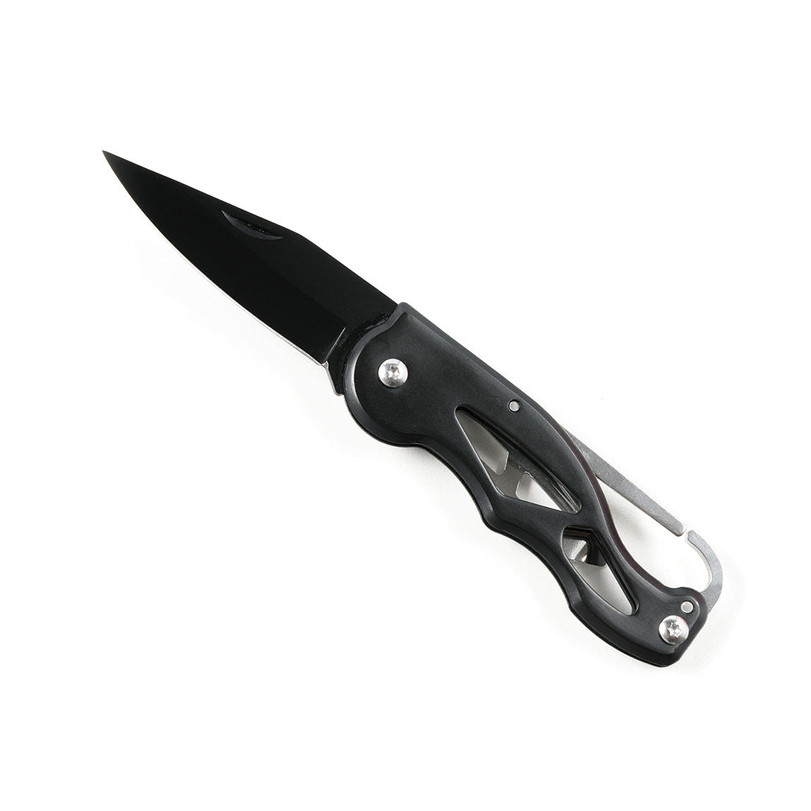 Black folding knife with a partially serrated blade and a black handle, part of the Hoonigan OH SH*T Safety Kit.