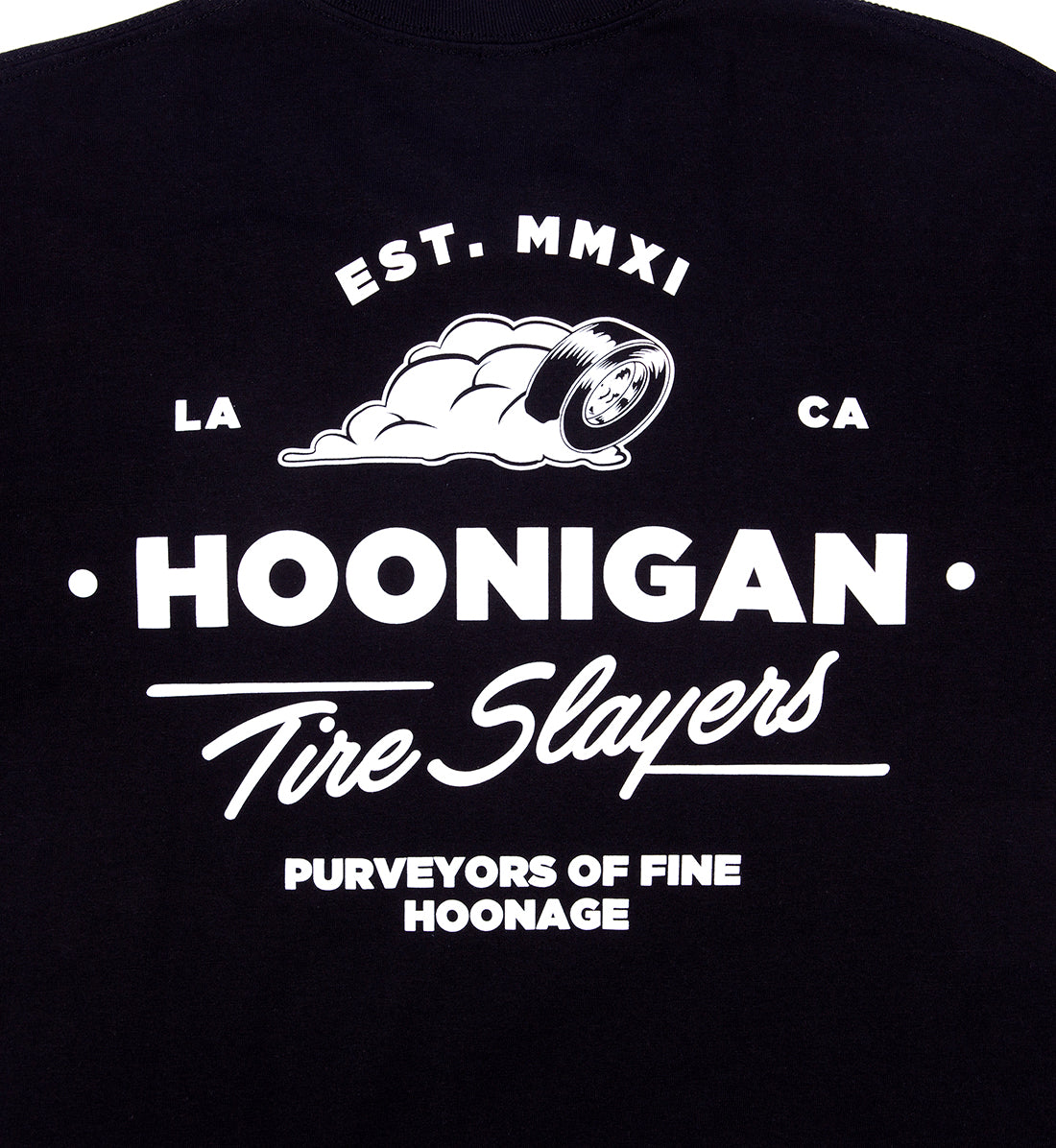 Hoonigan CHEATER SLICKS Short Sleeve Tee in black, featuring a detailed back design with bold graphics and a relaxed fit.