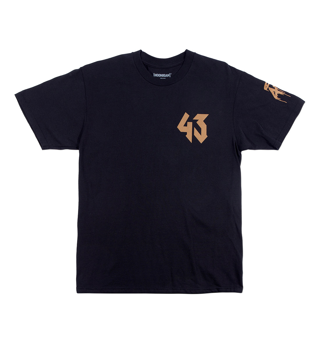 Black Hoonigan GYMKHANA7 Hits short sleeve T-shirt with gold logo and graphic details on the chest and sleeve.
