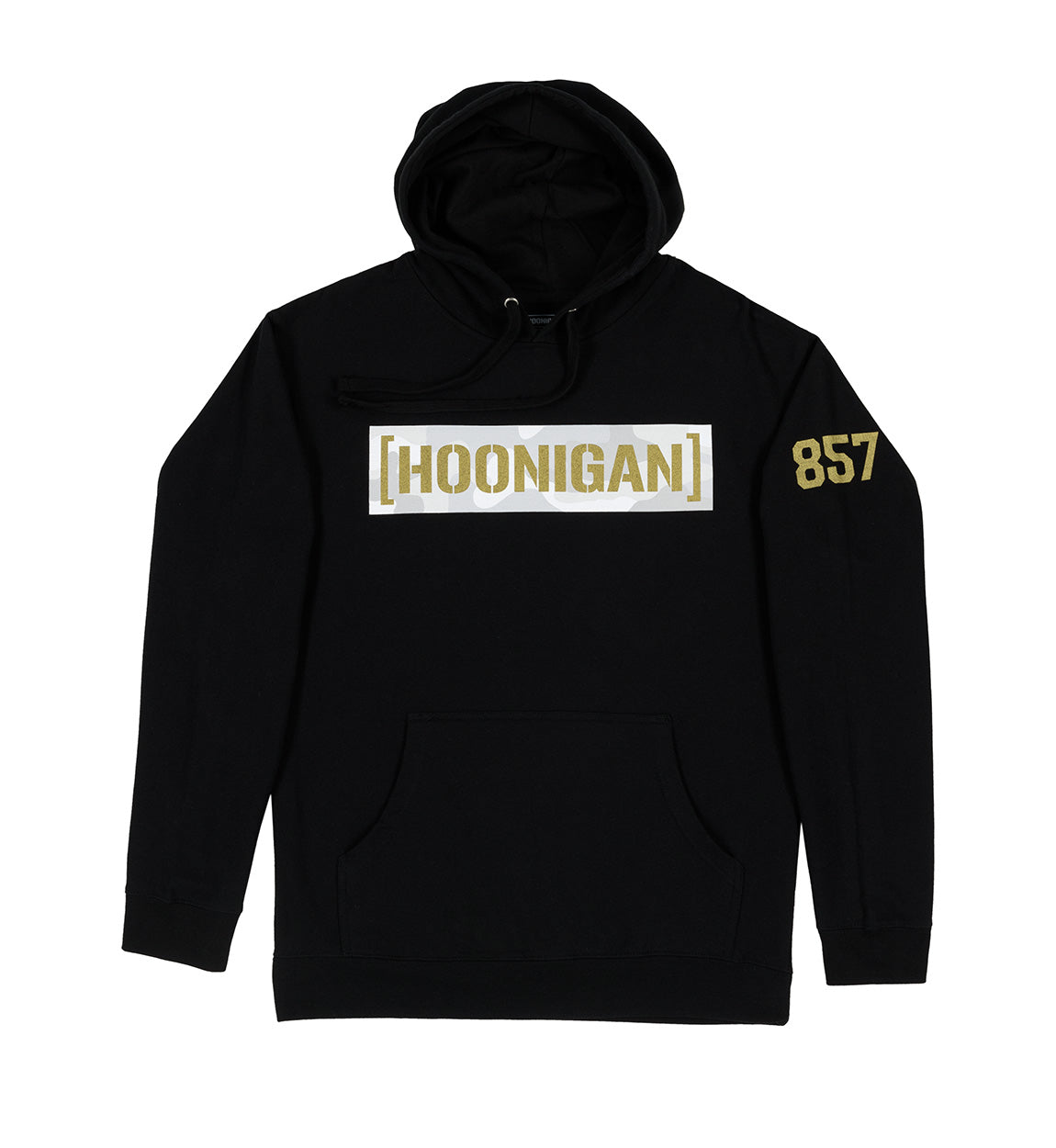 Black hoodie with "HOONIGAN" logo in white and gold, camouflage pattern, and "857" on the sleeve, featuring a front pocket.