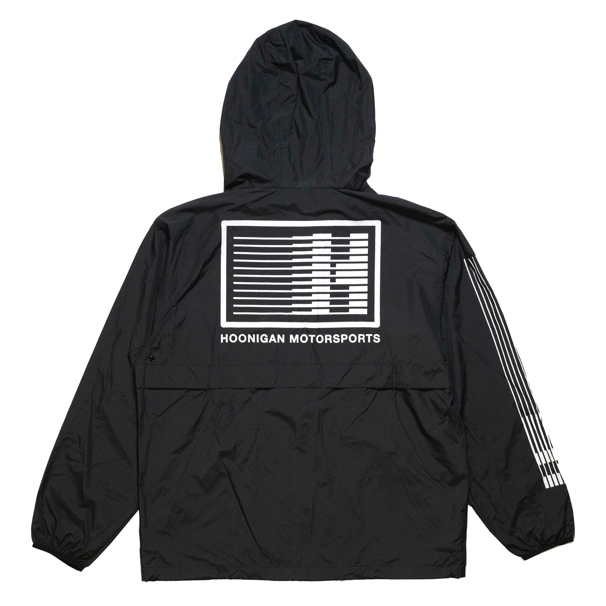 Hoonigan Motorsports black windbreaker jacket featuring a bold logo on the back and a lightweight design, perfect for casual wear and outdoor activities.
