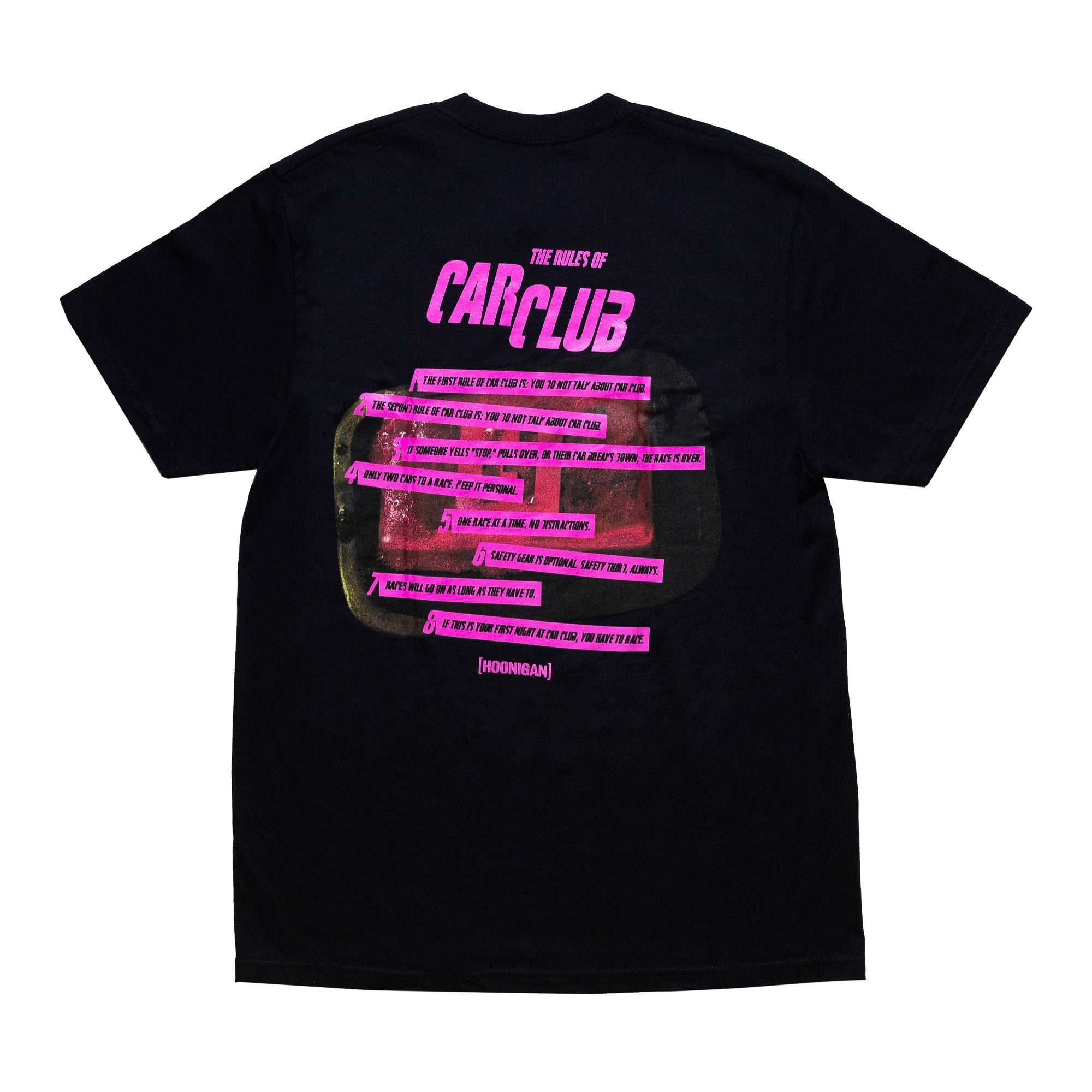 Hoonigan CAR CLUB short sleeve tee featuring a bold graphic logo on the front, set against a black background.