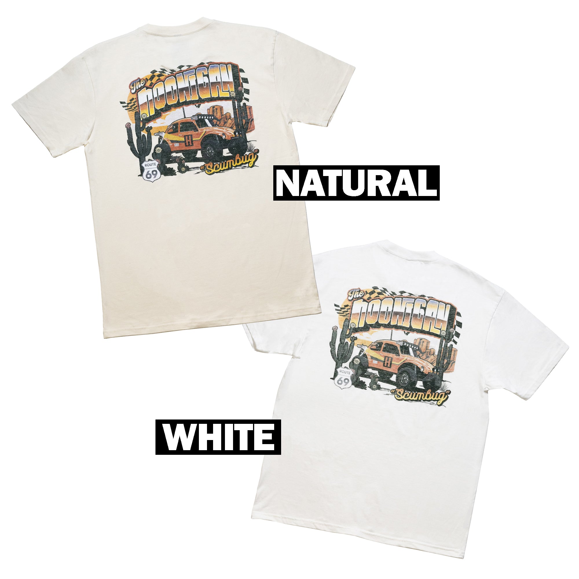 Hoonigan SCUMBUG Short Sleeve T-Shirt in natural and white featuring a vintage truck graphic and desert scene.