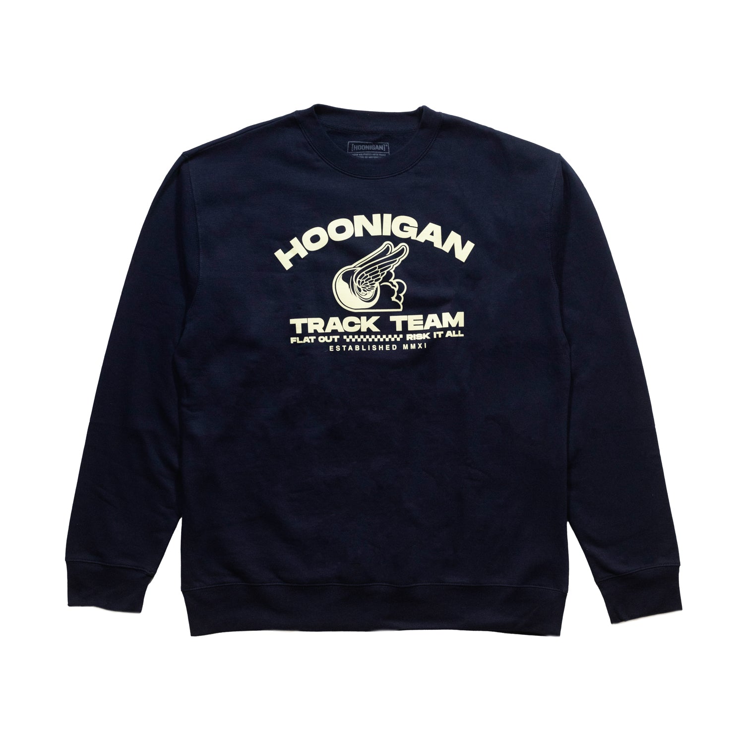Hoonigan TRACK TEAM pullover sweatshirt featuring a black design with bold white graphics on the front and a comfortable fit.