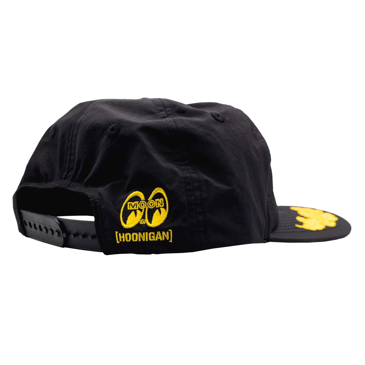 Hoonigan x Mooneyes decorated unstructured snapback hat, featuring a stylish design with embroidered logos and adjustable closure.