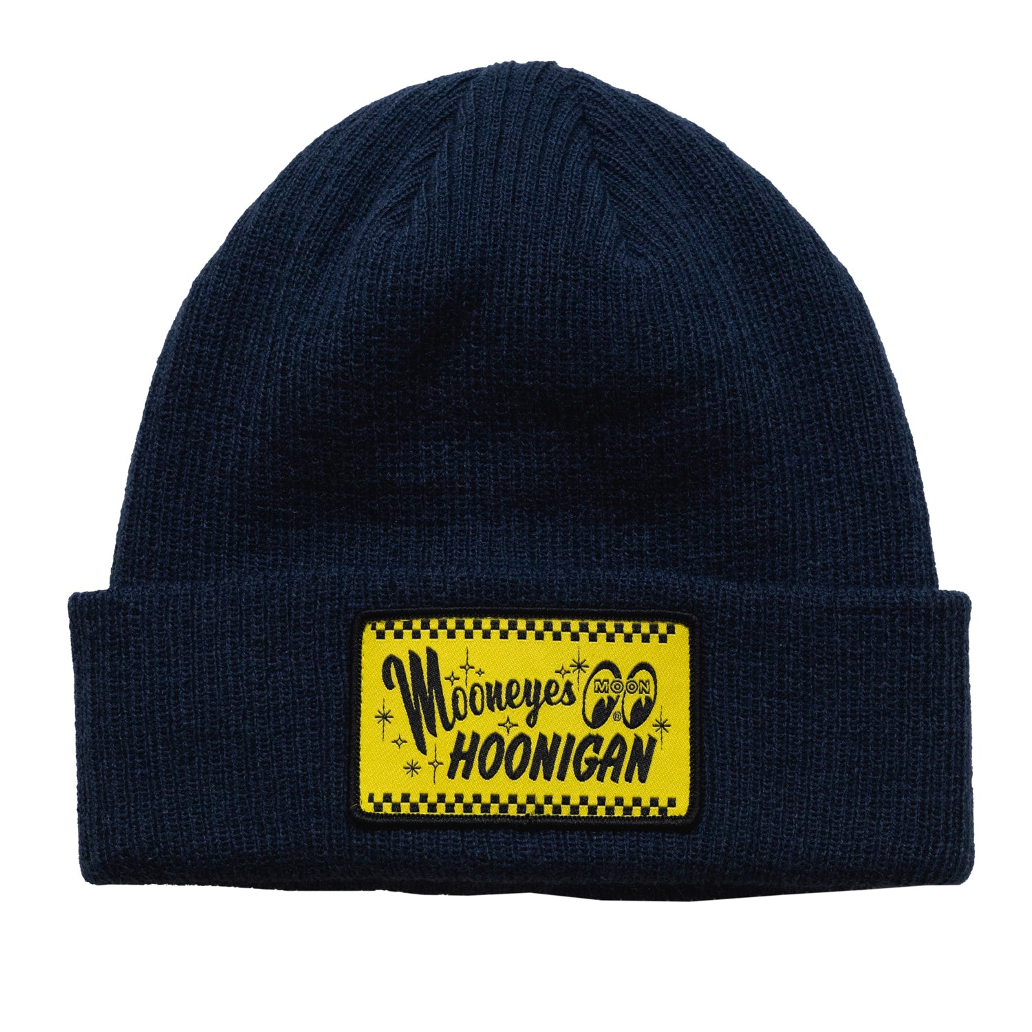 Hoonigan x Mooneyes MOONIGANS black beanie with embroidered logo on the front.