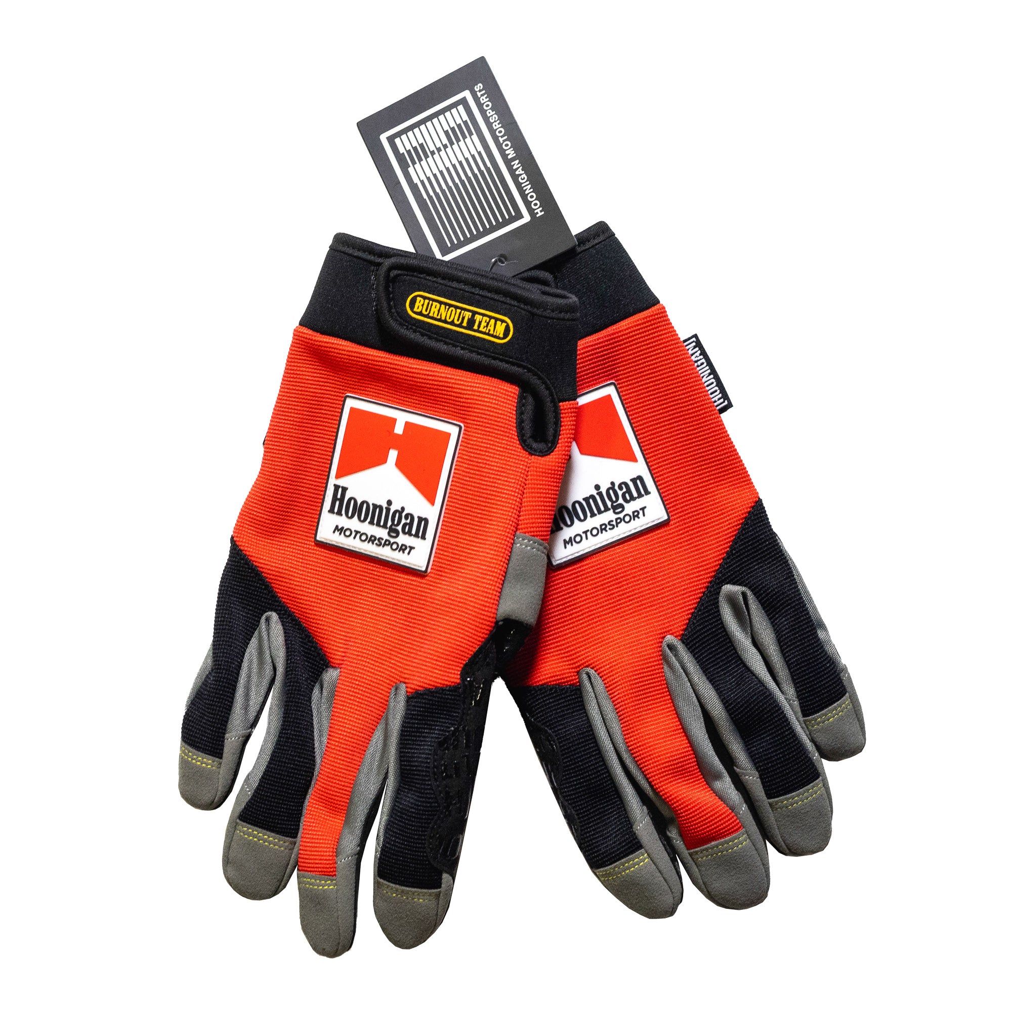 Hoonigan SURGEON GENERAL gloves featuring a black and white design with the Hoonigan logo and medical-inspired graphics.