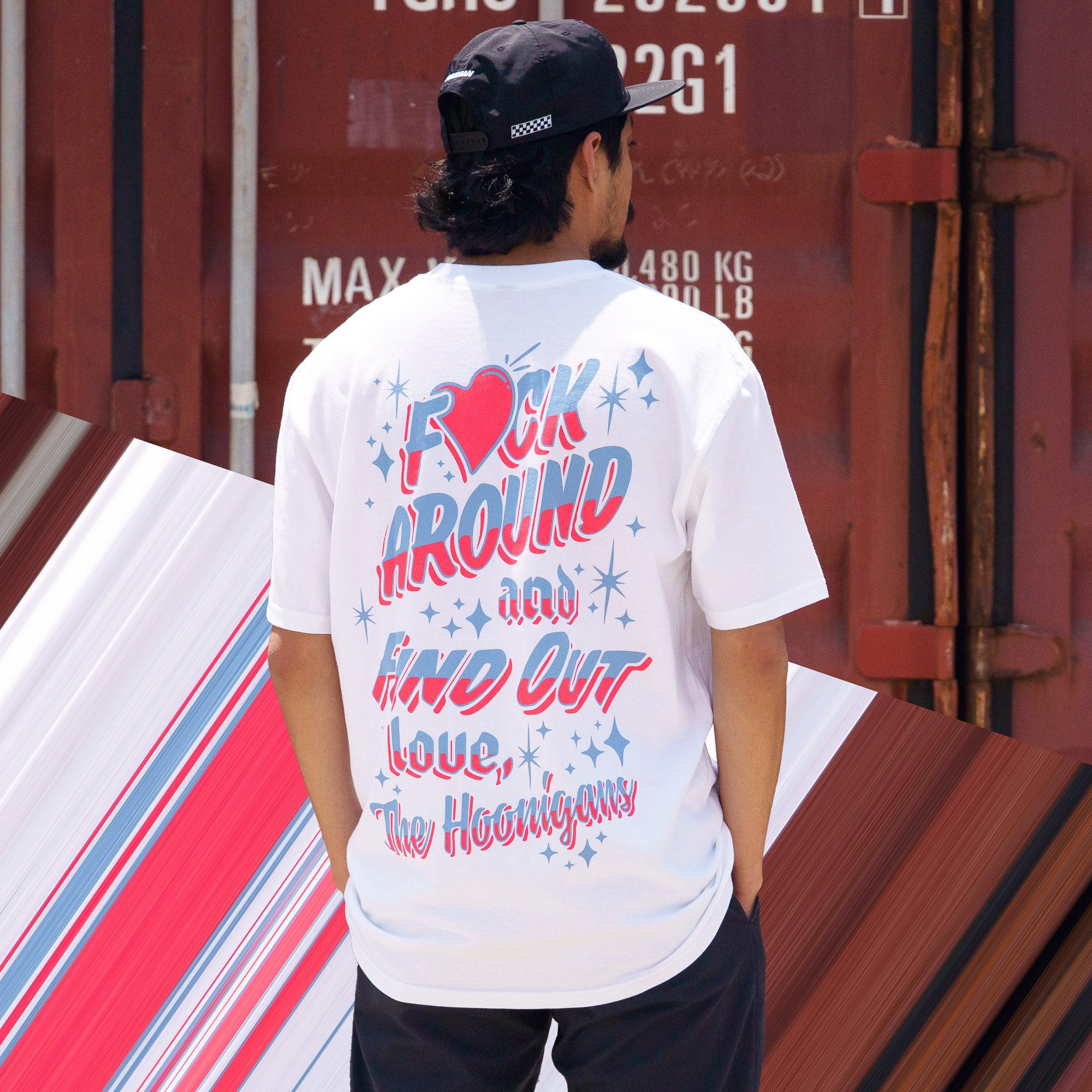 Back view of a man wearing a white Hoonigan FIND OUT V2 short sleeve tee with colorful graphic text and star designs.
