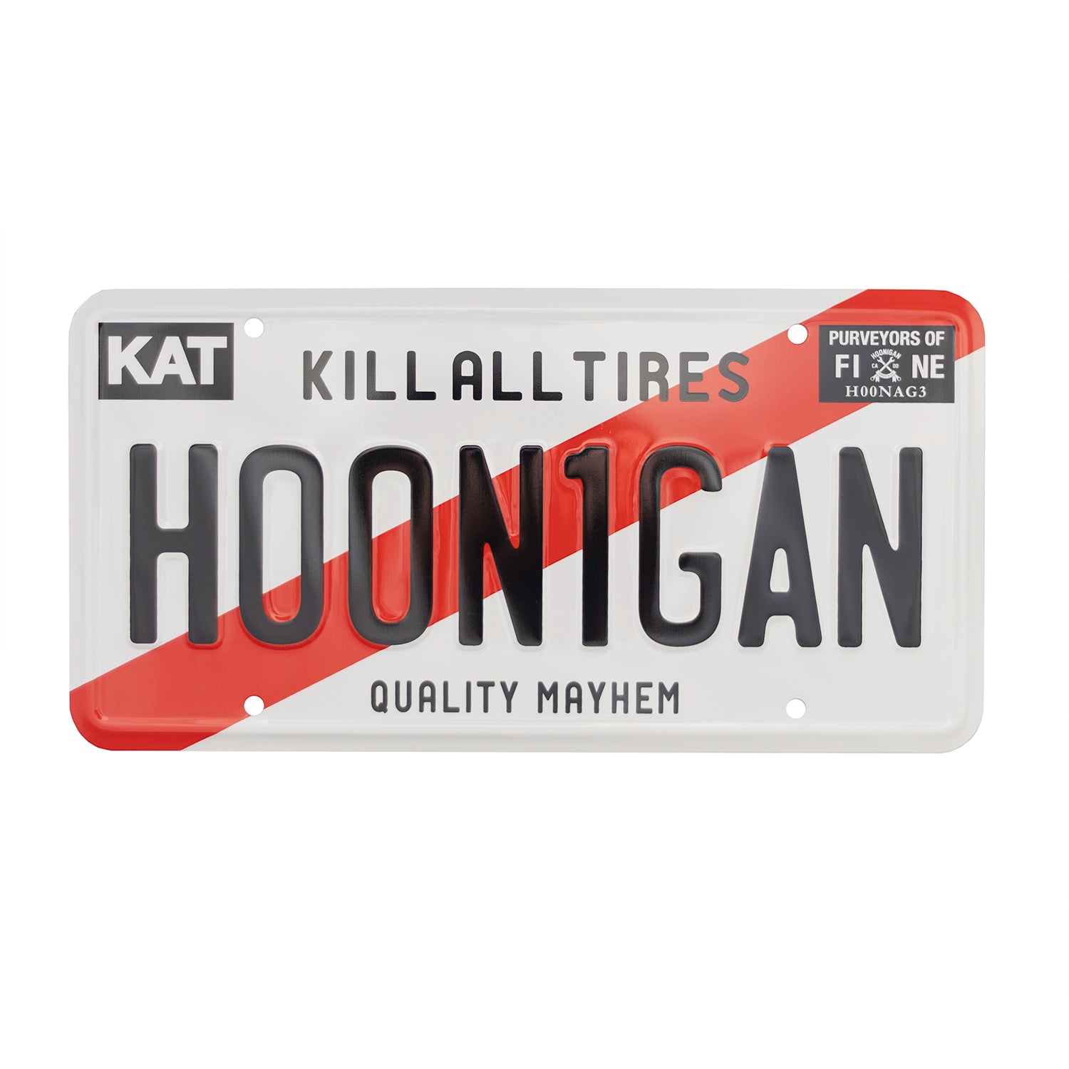 Hoonigan KARI custom license plate with a bold design and vibrant colors, featuring the Hoonigan logo.