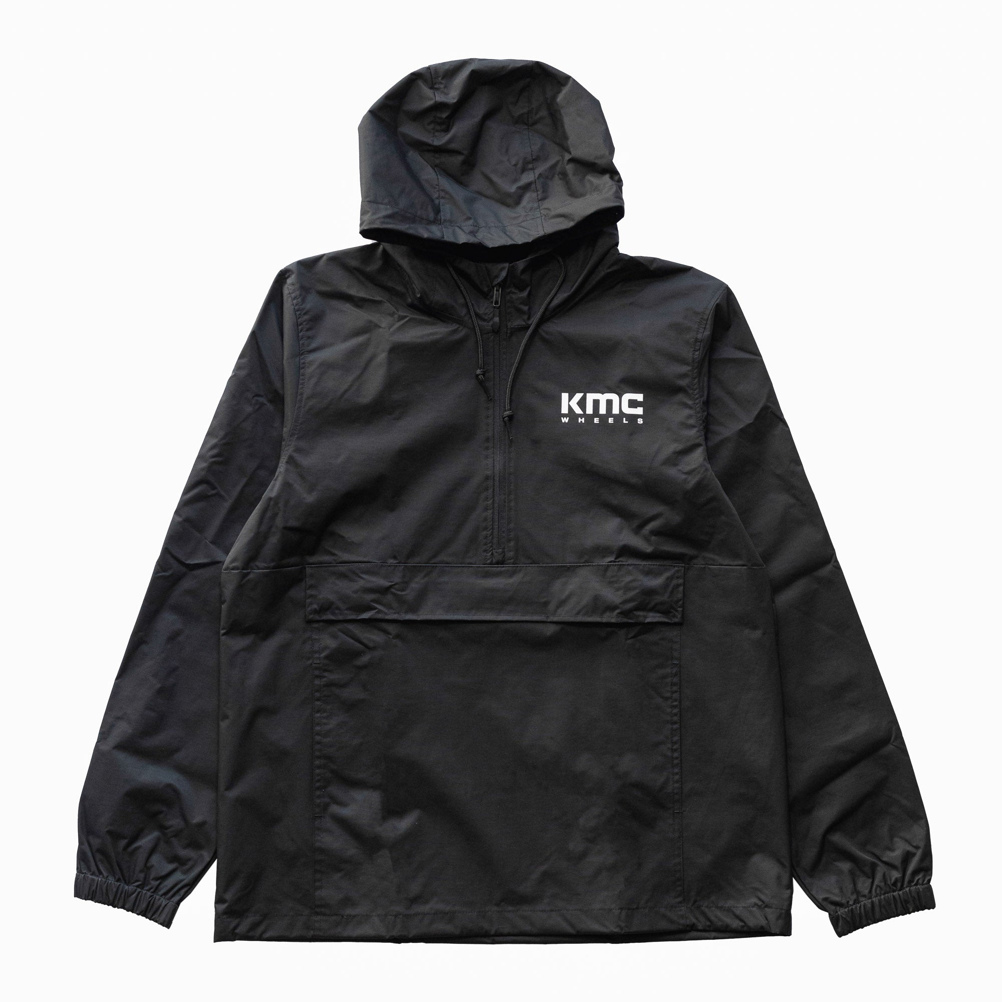 KMC Wheels V2 Half Zip Anorak Jacket in black, featuring a half zip closure, adjustable hood, and logo detailing on the front.