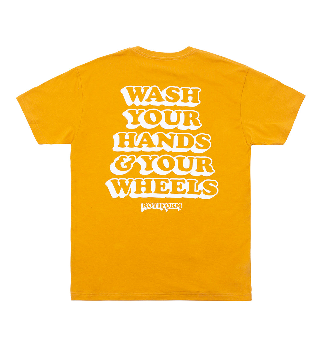 Rotiform "WASH YOUR WHEELS" short sleeve tee in Dijon color, featuring a bold graphic print on the back.