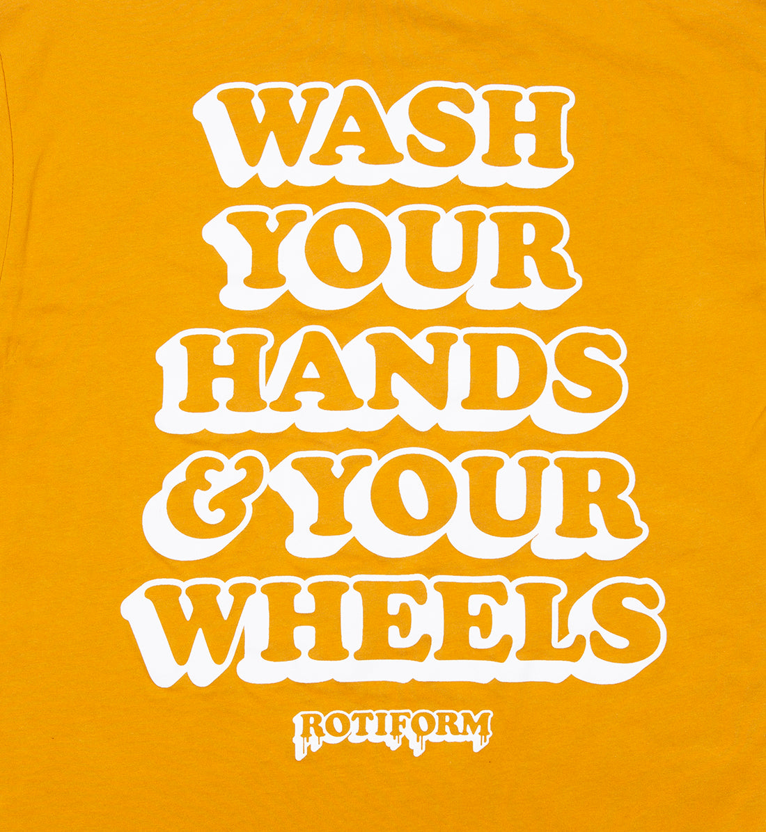 Rotiform "WASH YOUR WHEELS" short sleeve t-shirt in Dijon yellow, featuring a back graphic design with bold text and logo.