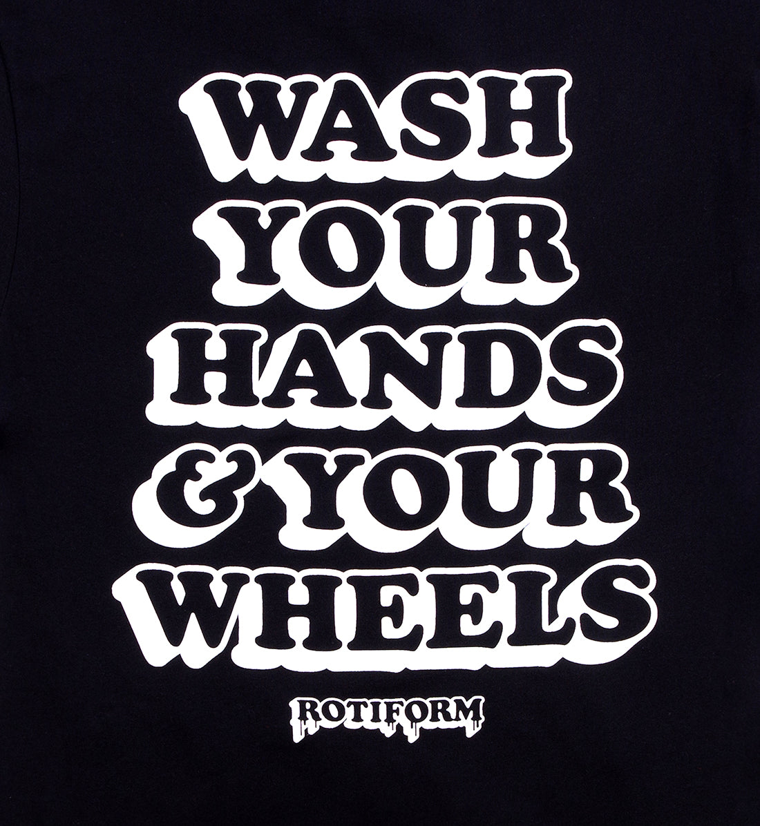 Black short sleeve tee featuring "WASH YOUR WHEELS" graphic on the back, showcasing Rotiform branding and vibrant detailing.