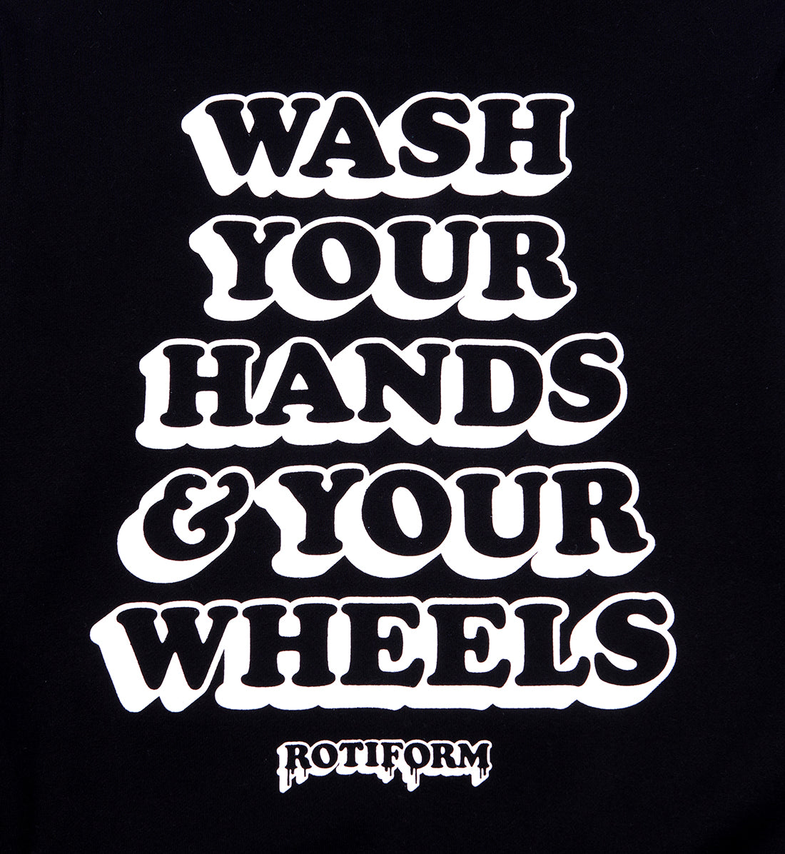 Black short sleeve tee featuring "WASH YOUR WHEELS" text in bold lettering on the back, designed by Rotiform.