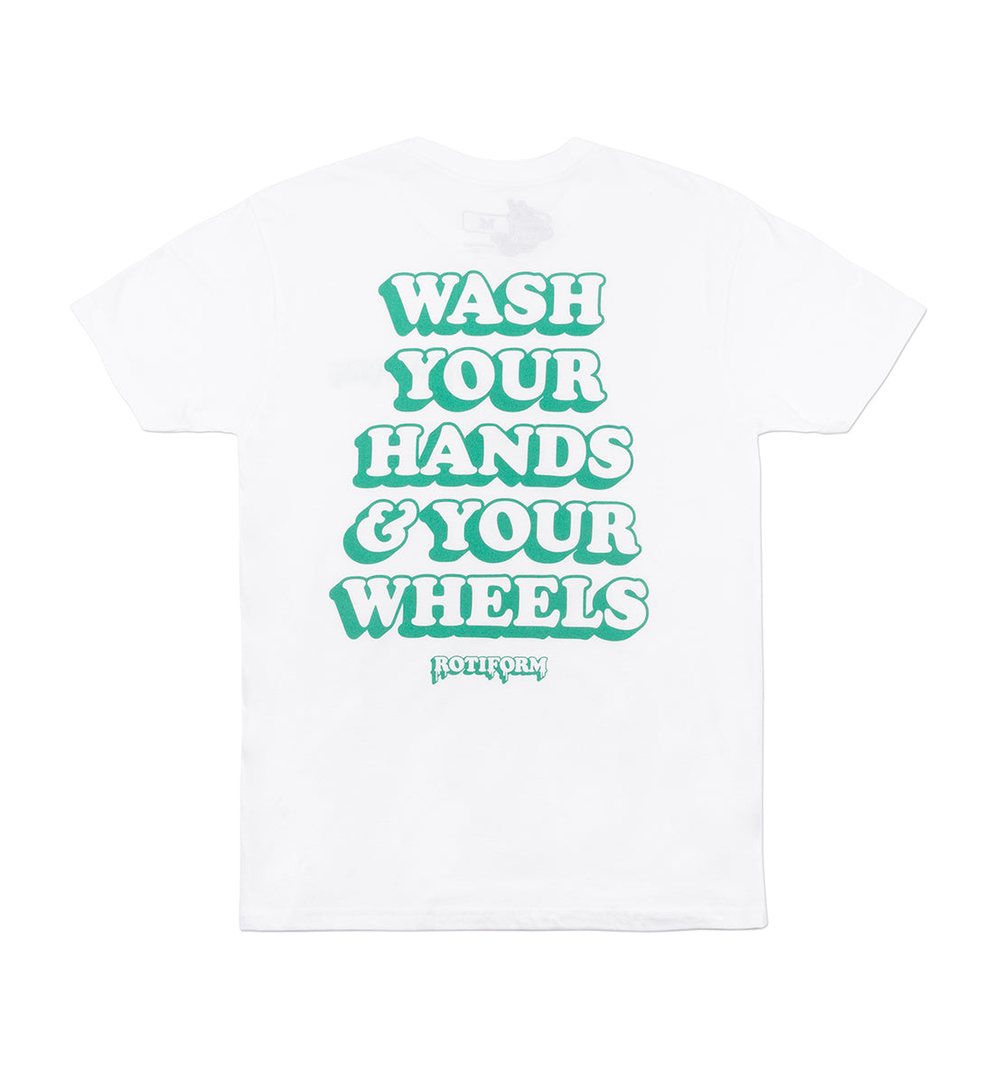 Rotiform WASH YOUR WHEELS short sleeve tee shirt in white, featuring a bold graphic print on the back.