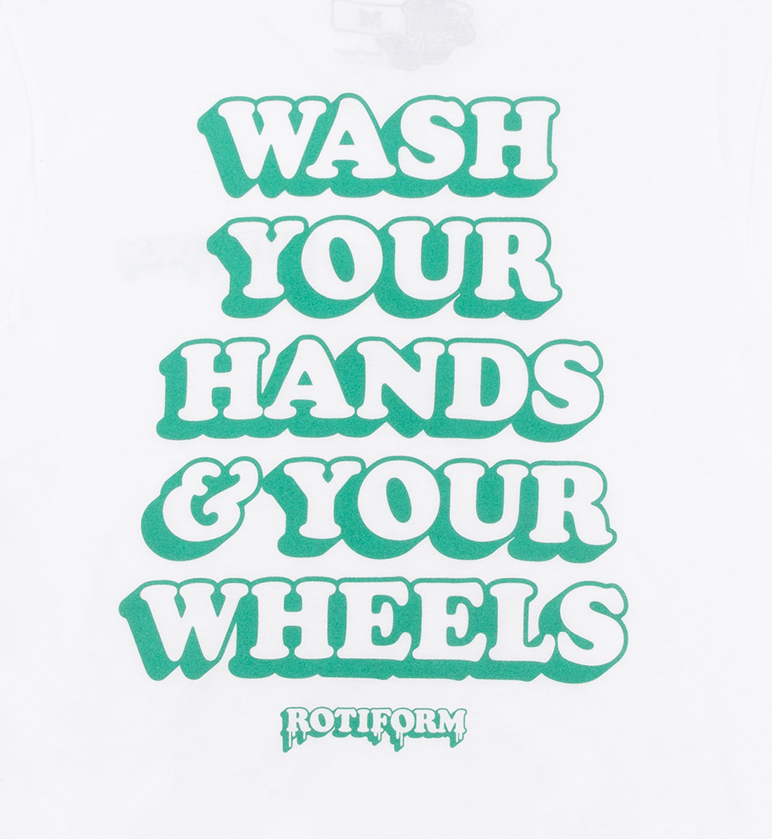 Rotiform "WASH YOUR WHEELS" short sleeve tee in white, featuring a bold graphic on the back, showcasing a stylish and playful design for car enthusiasts.