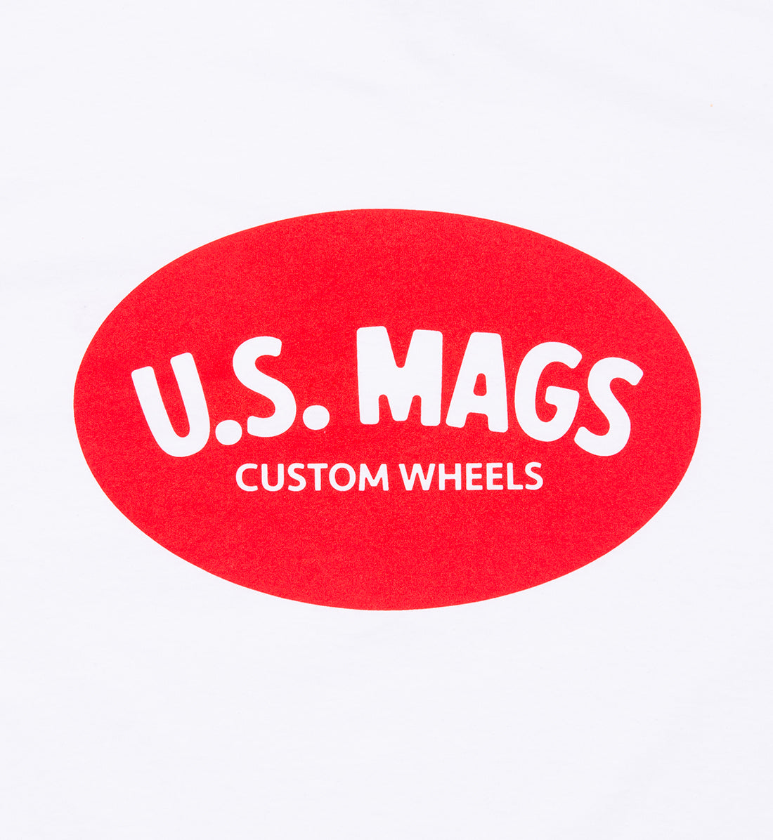 US Mags red logo short sleeve white tee with back detail.