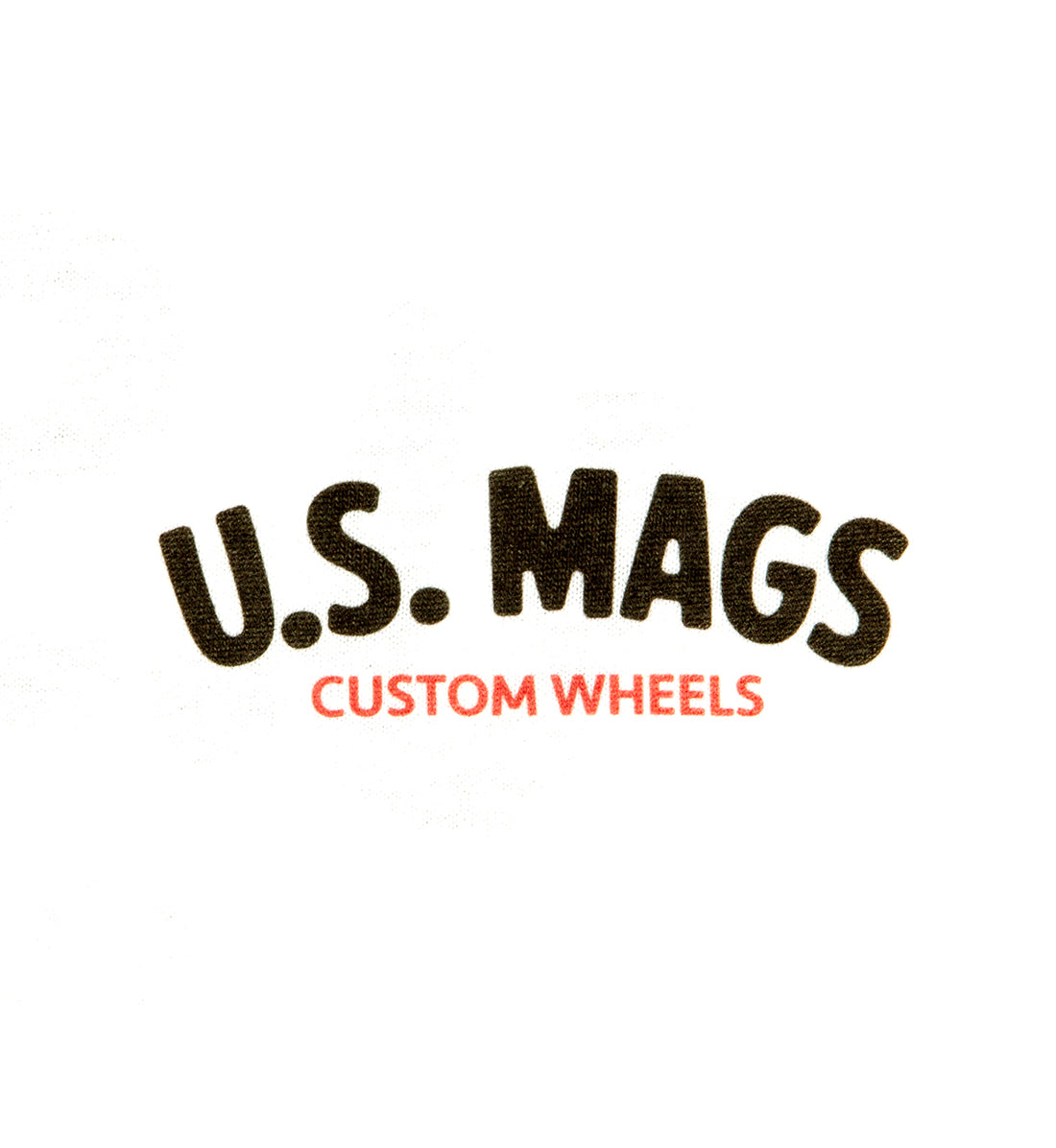 US Mags short sleeve t-shirt in white featuring a bold black and red logo design on the front.