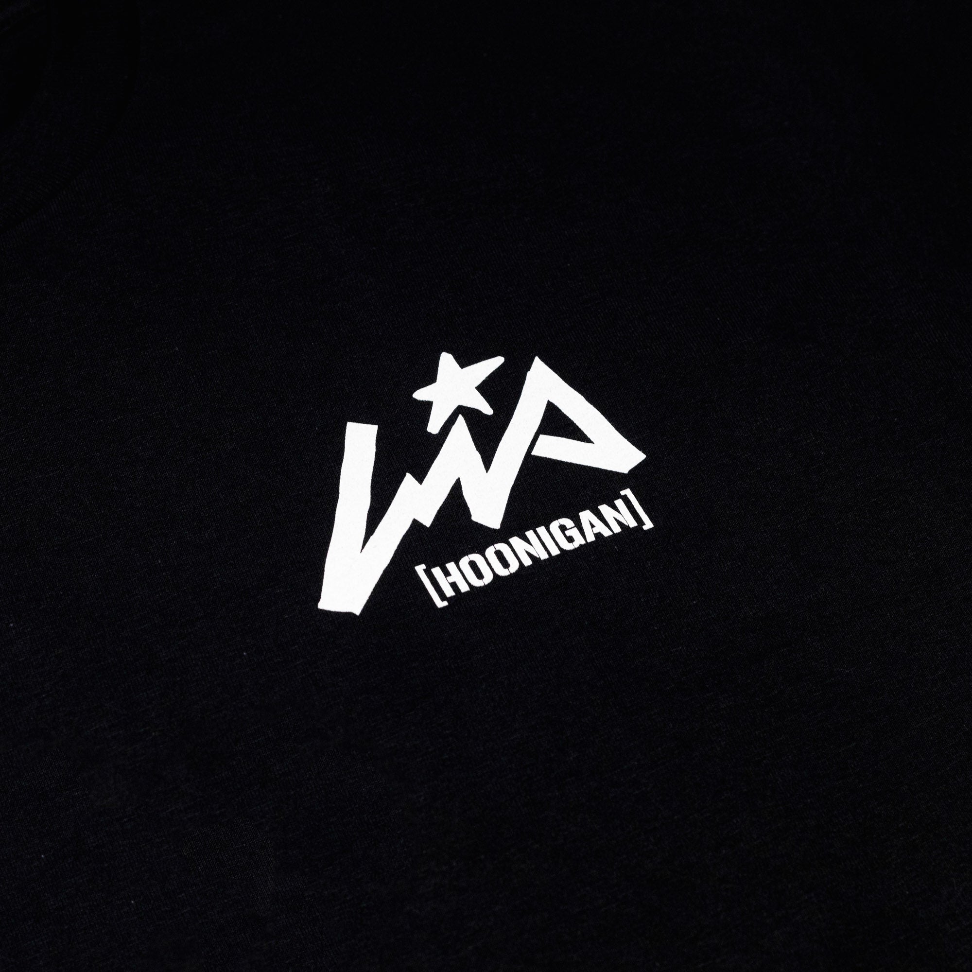 Black short sleeve t-shirt featuring the Hoonigan x Lia Block logo in bold white print, perfect for motorsport enthusiasts.