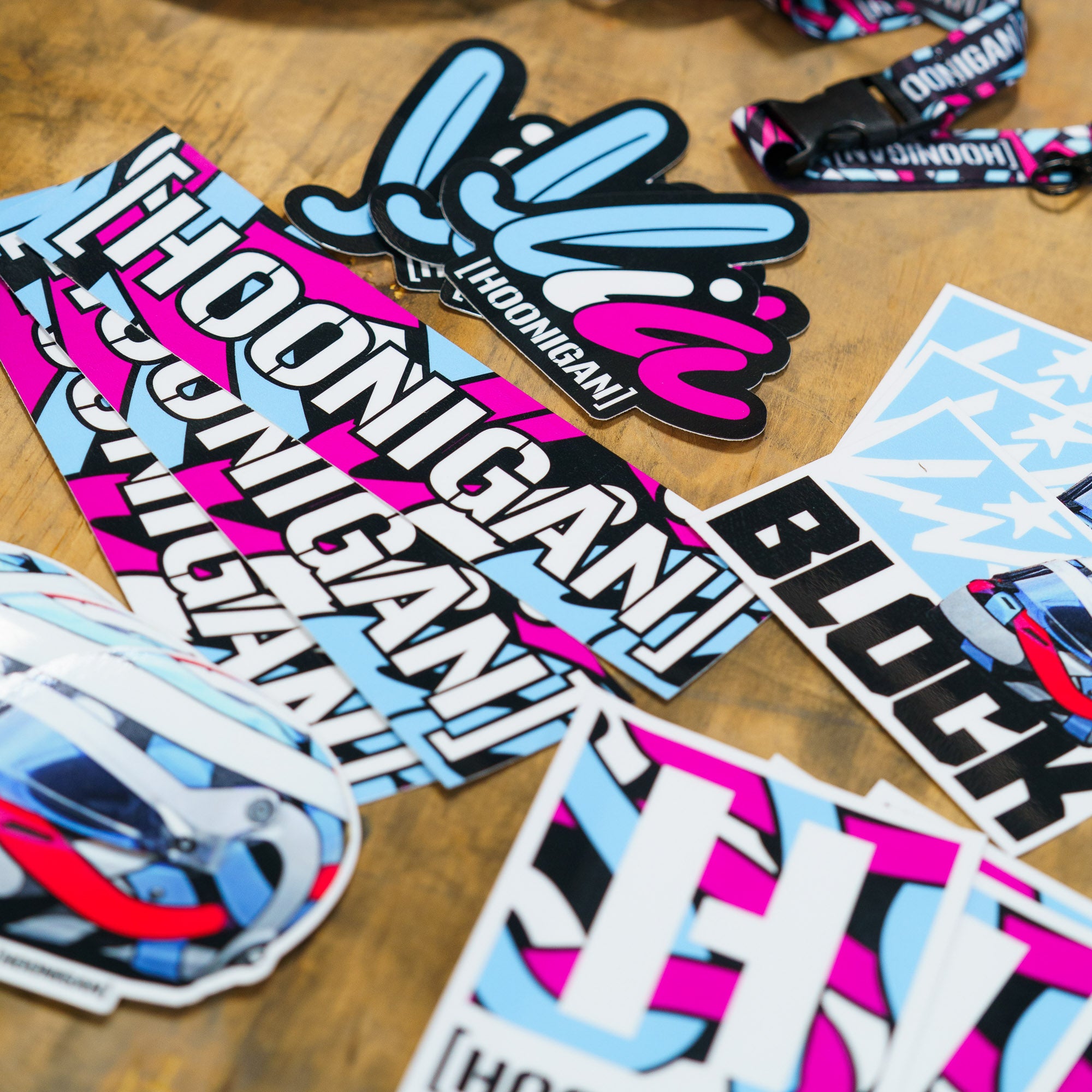 Hoonigan x Lia Block HELMET BOX sticker featuring vibrant colors and bold graphics, perfect for motorsport enthusiasts.