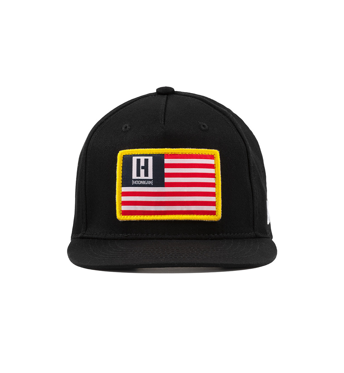 Hoonigan PATRIOT Snapback Hat in black with red and white logo design.
