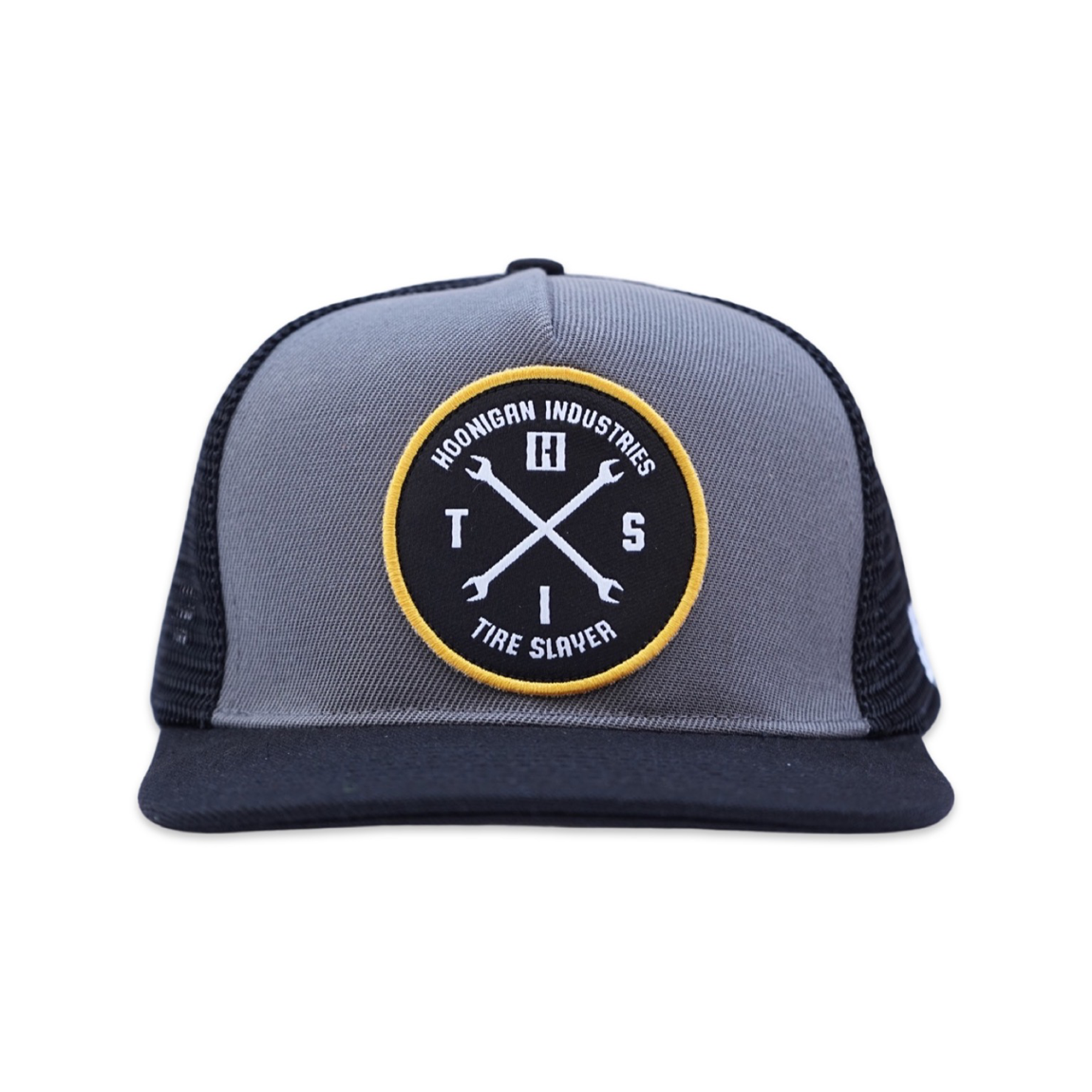 Hoonigan HITS v2 gray and black trucker hat with adjustable snapback closure and embroidered logo.