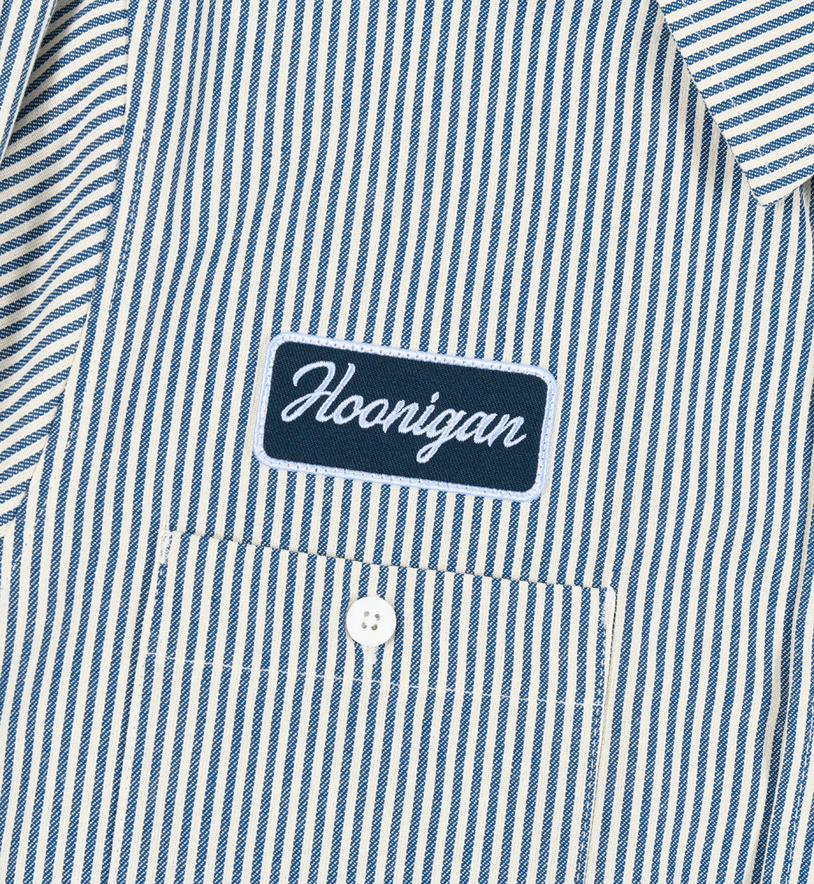 Hoonigan CRATE woven long sleeve shirt in white and navy, featuring a relaxed fit and button-down collar.