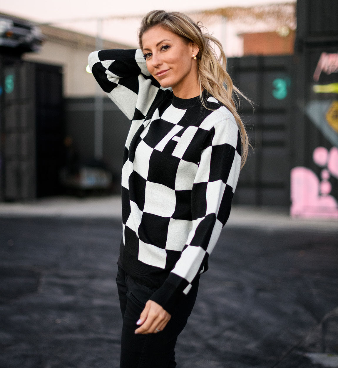 Hoonigan FINAL LAP Jacquard Sweater in black and cream featuring a bold, woven design and long sleeves.