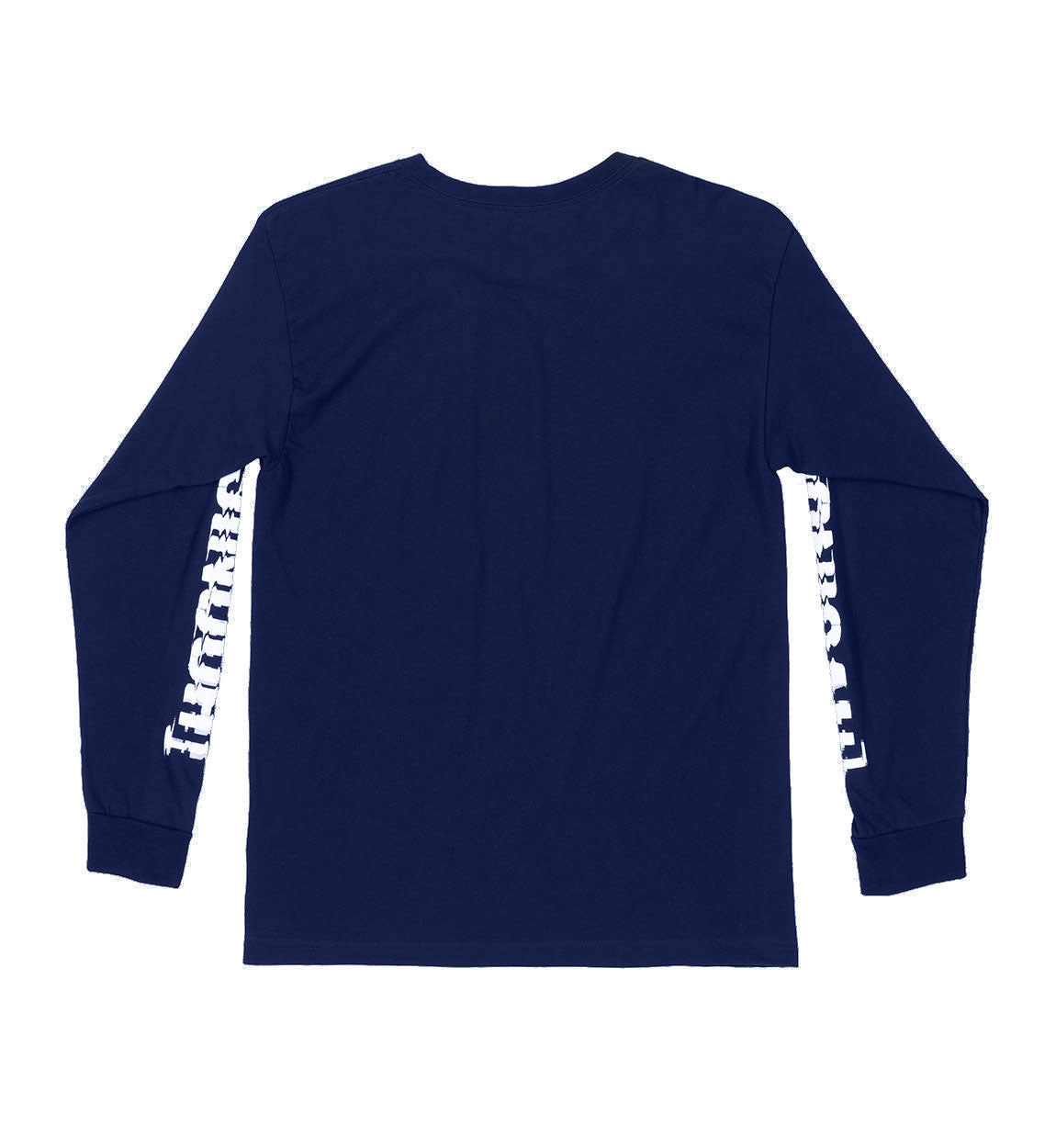 Navy long sleeve tee with "TRURO" printed in white on both sleeves, featuring a casual, glitch-inspired design.