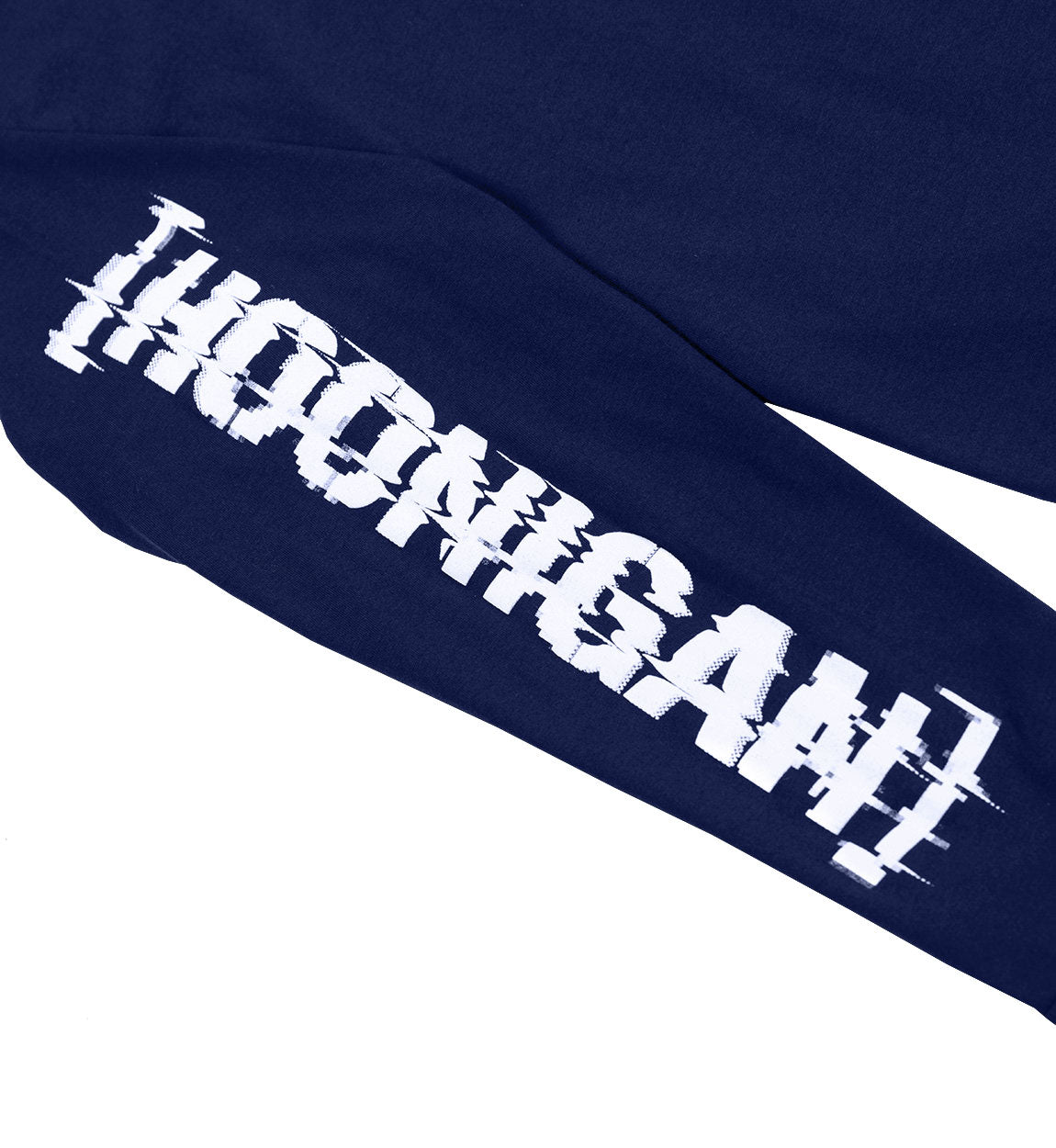 Close-up of a navy long sleeve tee with a white glitch-style graphic text design on the sleeve.