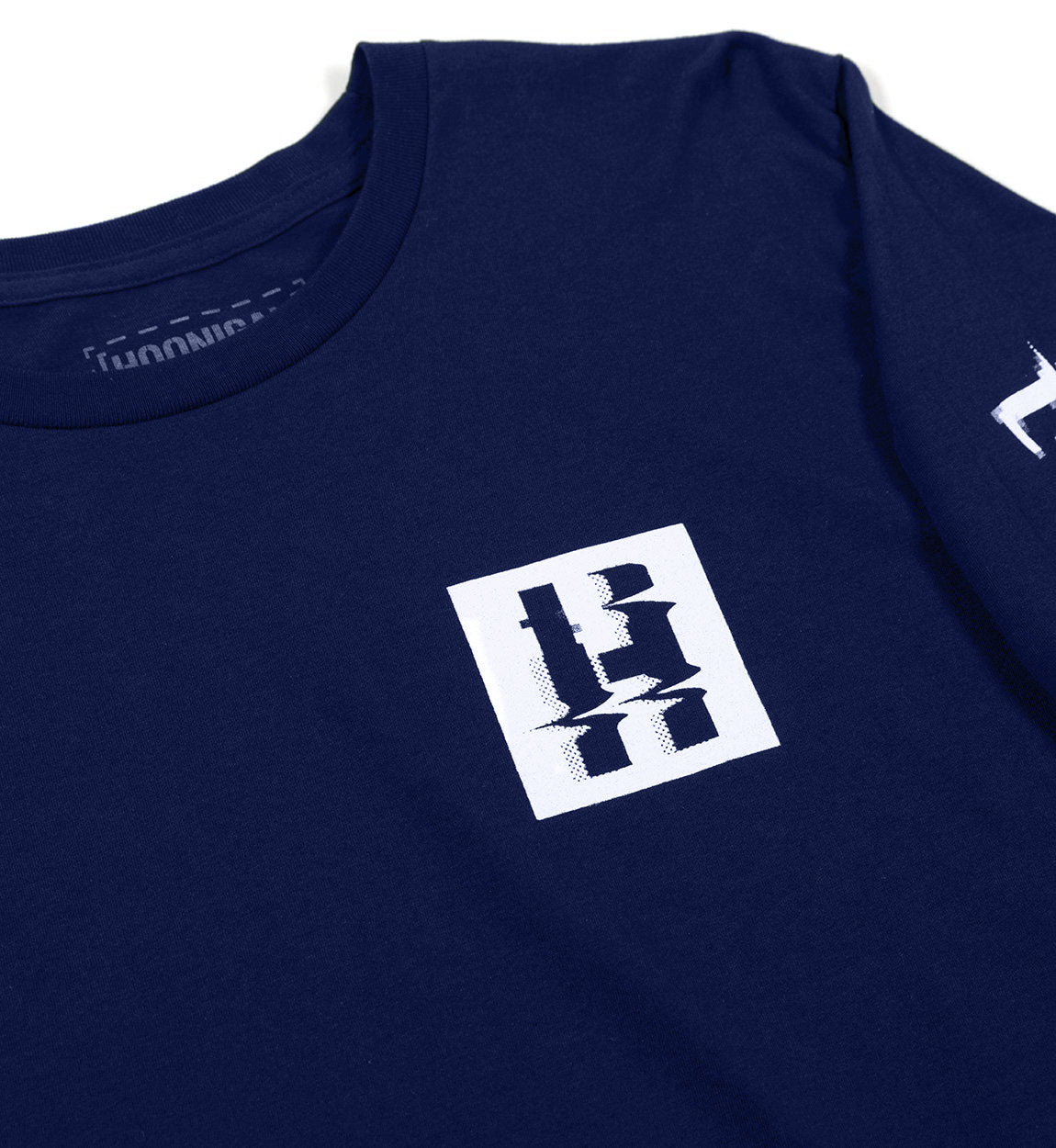 Navy long sleeve tee with a white glitch-style logo of a stylized letter "H" on the front.