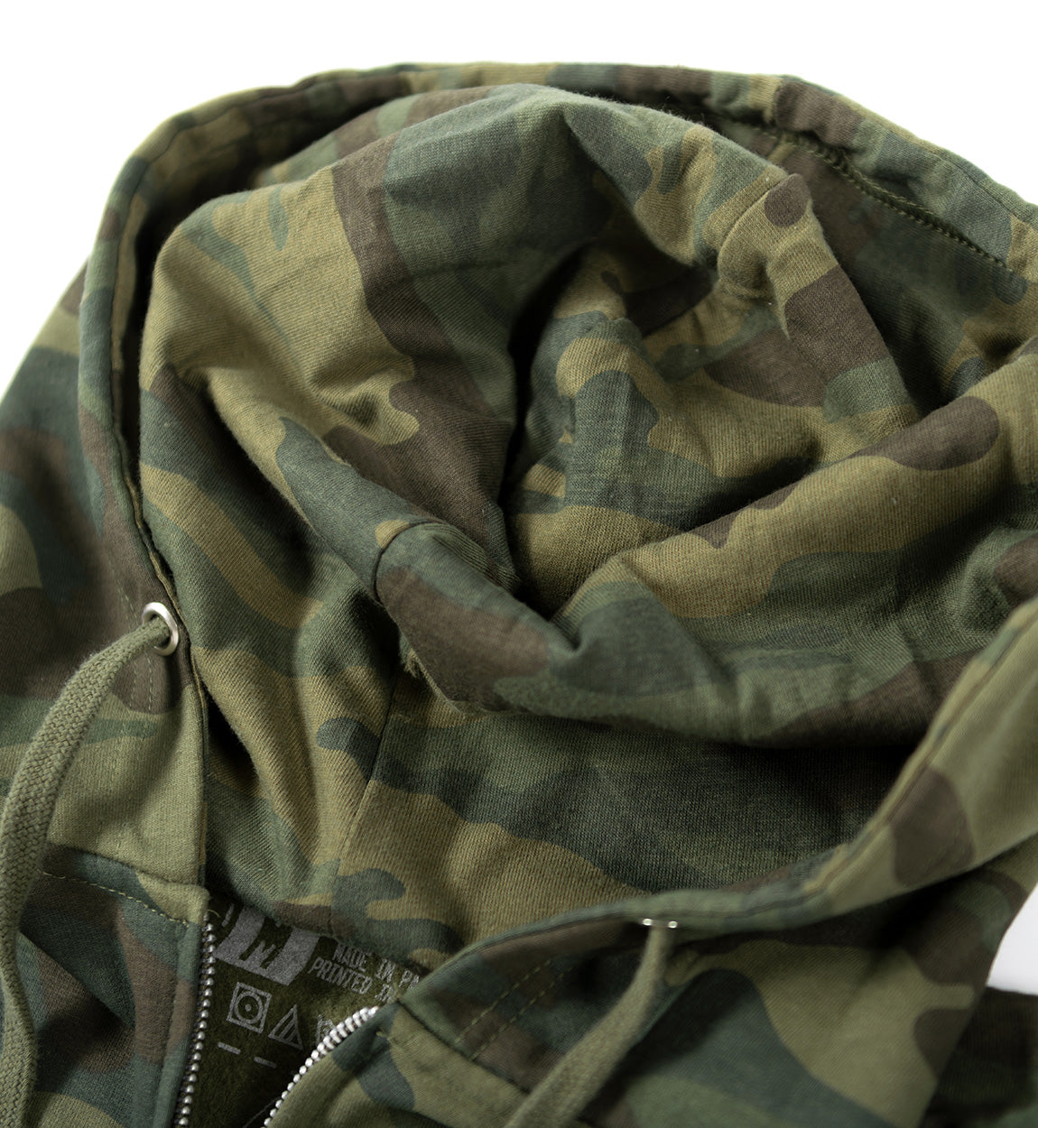 Hoonigan BRACKET X CAMO Zip Hoodie featuring a camo pattern and logo design, displayed on a white background.