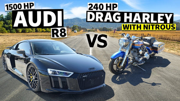 1,500hp Audi R8 Races a 240hp Harley Drag Bike… With Nitrous! // This vs. That