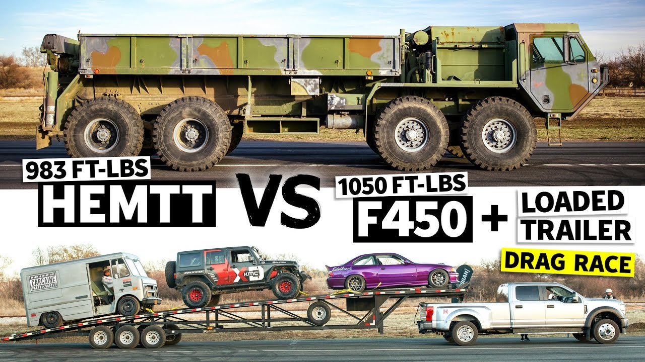 68,000lb Drag Race!? 8x8 HEMTT Races our Ford F-450… Towing THREE Cars // This vs. That