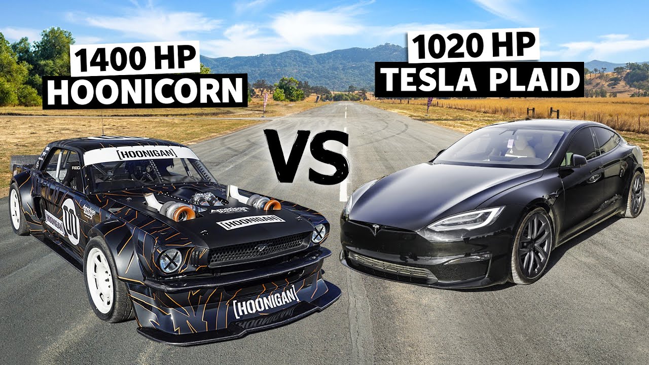 Tesla Model S Plaid vs Ken Block's 1400hp AWD Mustang // Hoonicorn vs The World 2