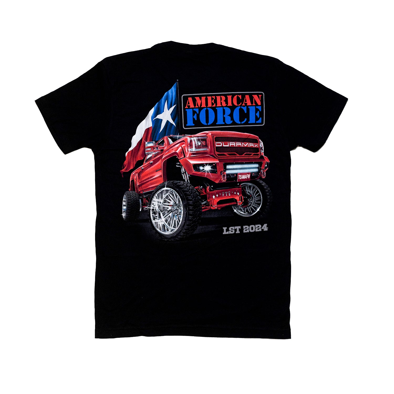 Black lightweight short sleeve tee featuring a red lifted truck, American flag, and "American Force LST 2024" text.